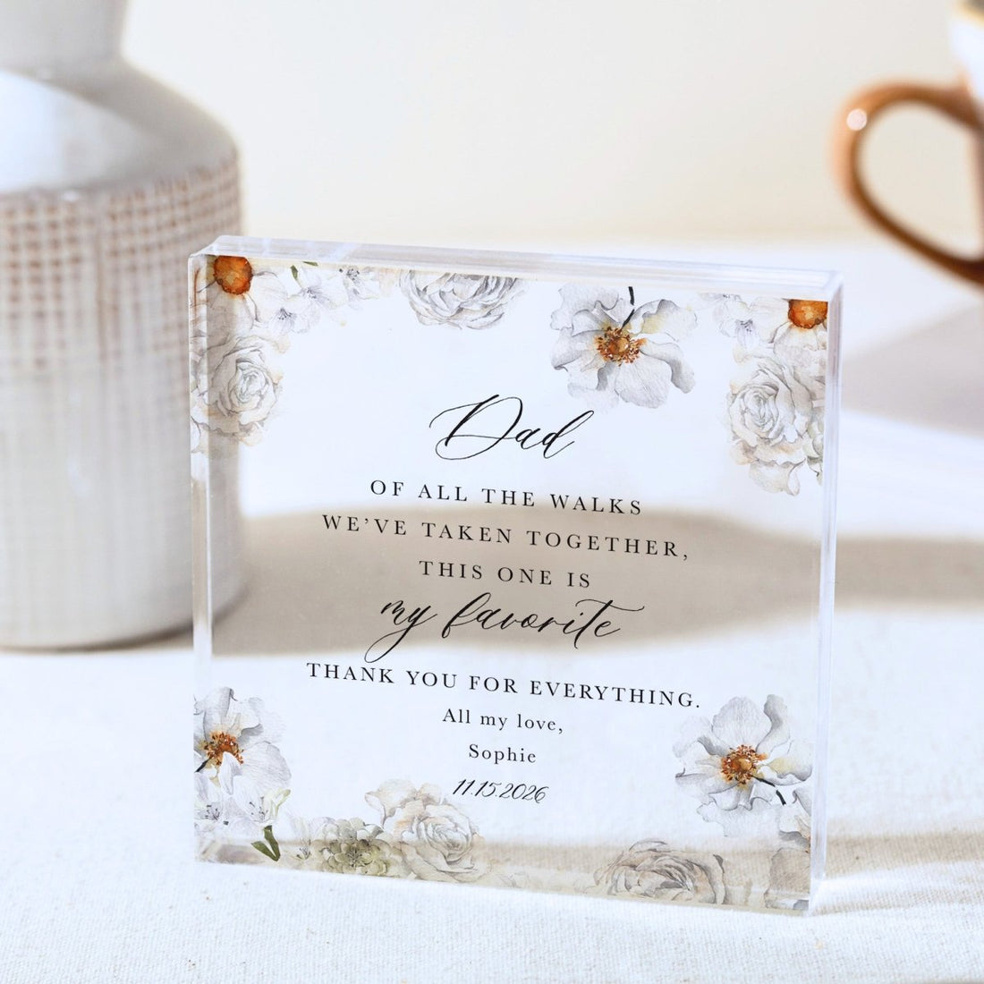Father Plaque Gift for Dad, Personalized Acrylic Keepsake, White Floral Wedding Thank You Present