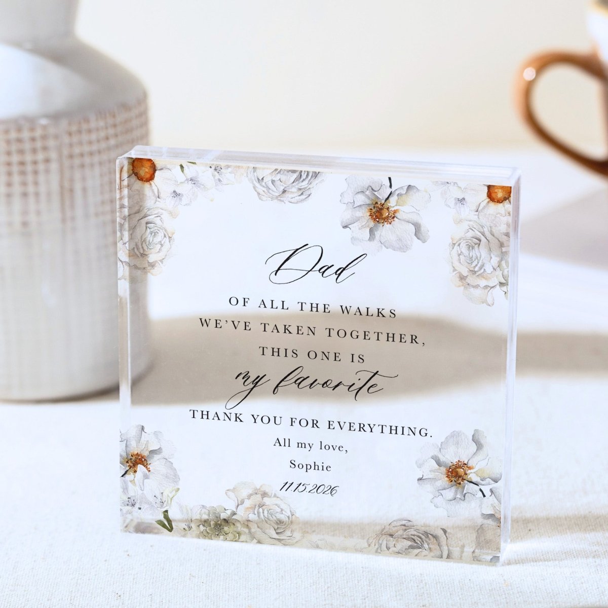 Father Plaque Gift for Dad, Personalized Acrylic Keepsake, White Floral Wedding Thank You Present