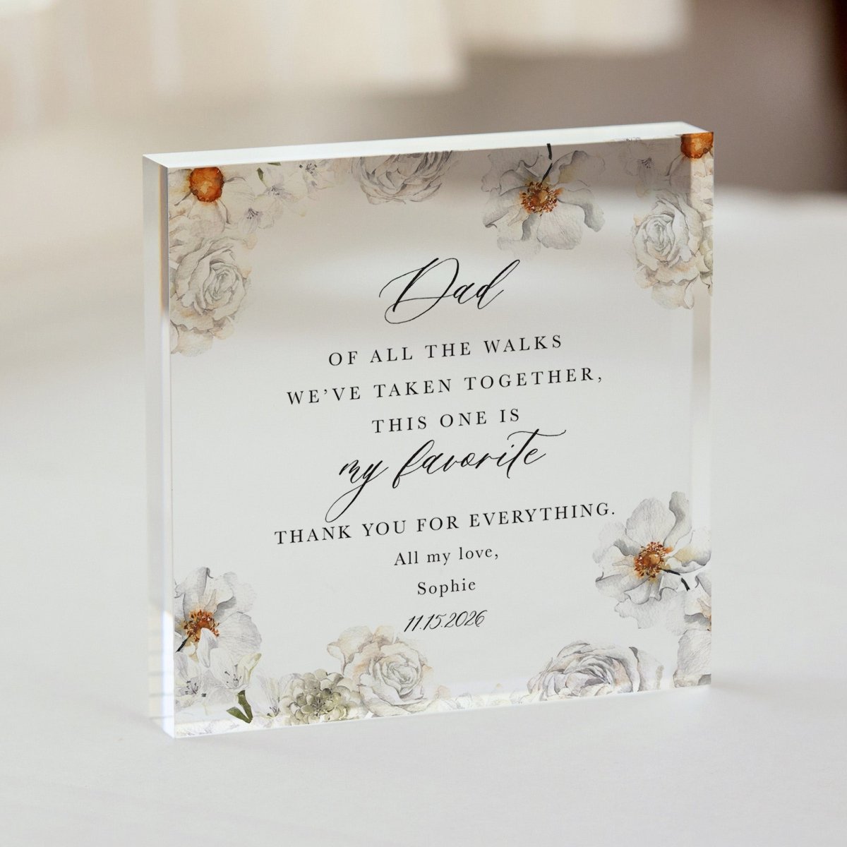 Father Plaque Gift for Dad, Personalized Acrylic Keepsake, White Floral Wedding Thank You Present