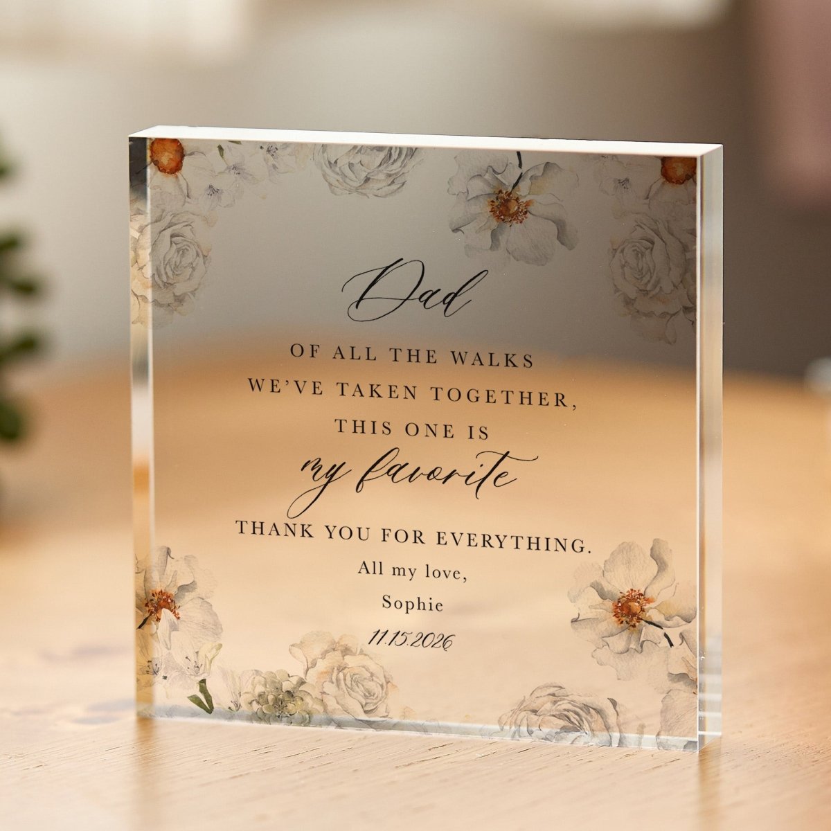 Father Plaque Gift for Dad, Personalized Acrylic Keepsake, White Floral Wedding Thank You Present
