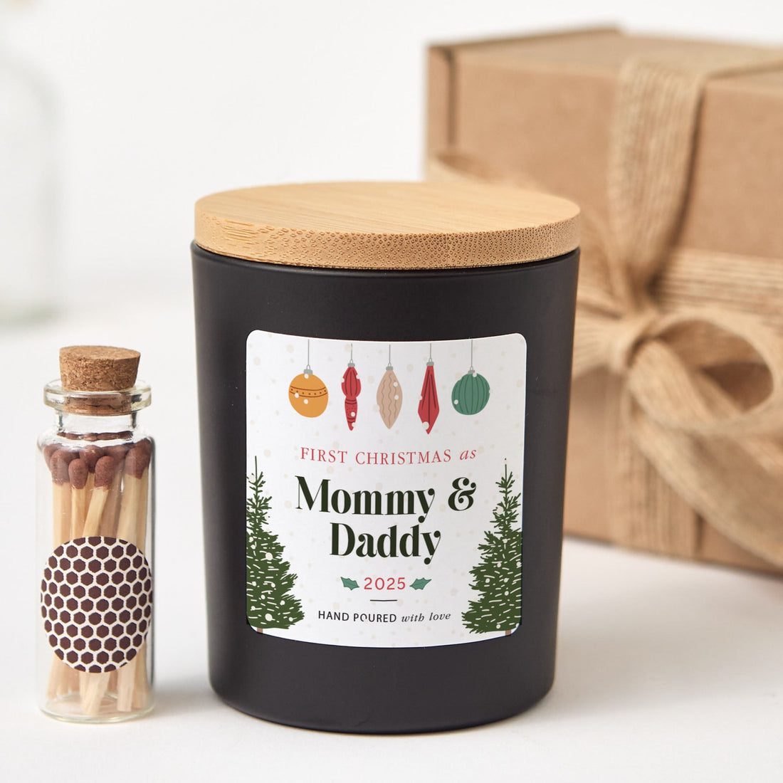 First Christmas as Mommy & Daddy Candle | Personalized Holiday Soy Wax Candle | New Parents Xmas Gift with Matches