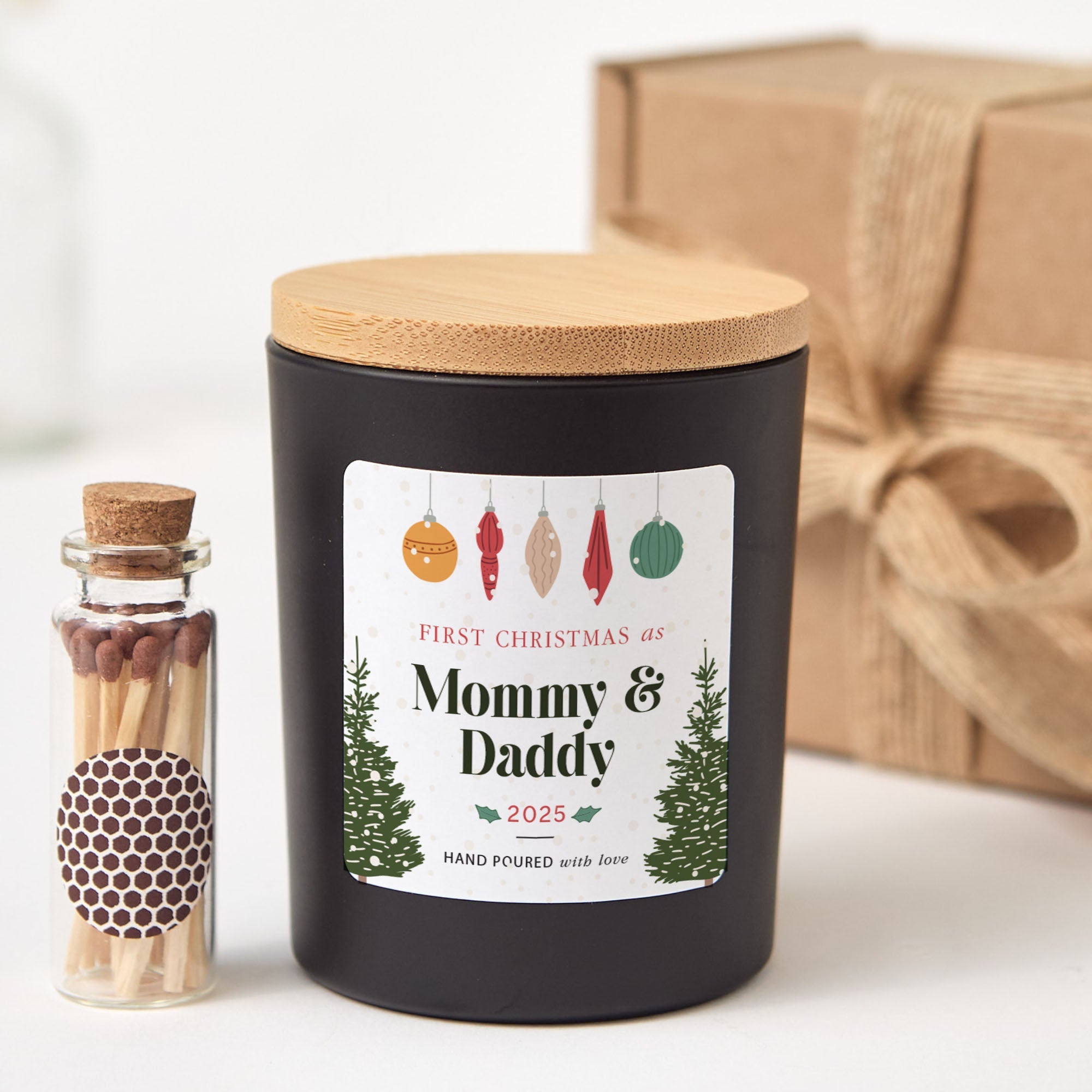 First Christmas as Mommy & Daddy Candle | Personalized Holiday Soy Wax Candle | New Parents Xmas Gift with Matches