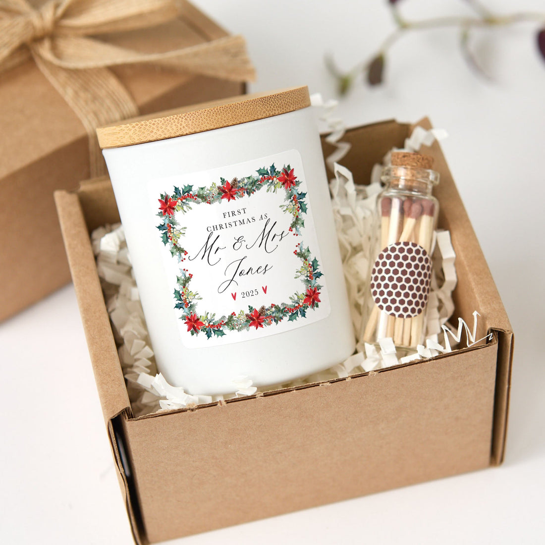 First Christmas as Mr & Mrs Candle | Newlywed Personalized Candle Gift Set | Festive Holiday Gift with Matches