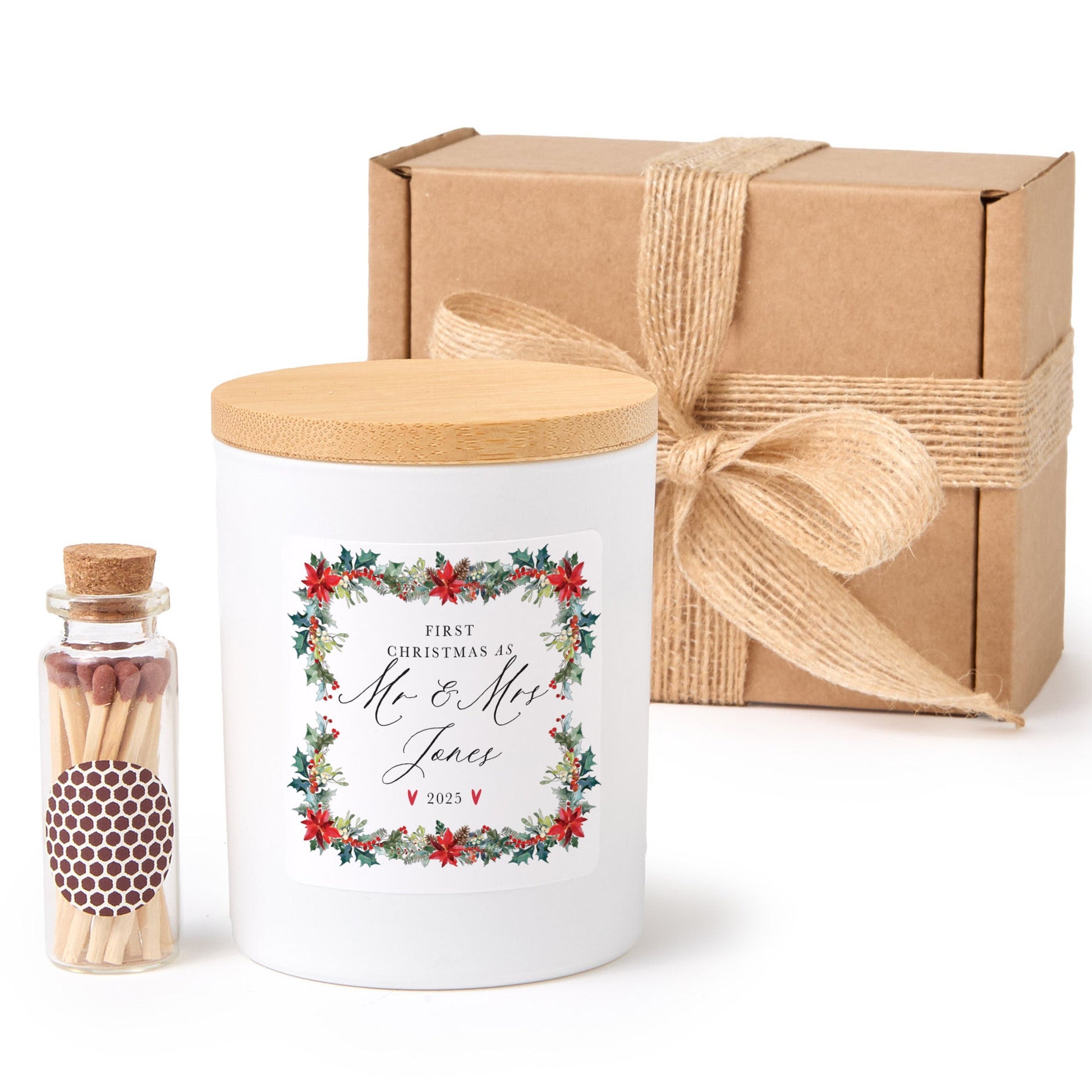First Christmas as Mr & Mrs Candle | Newlywed Personalized Candle Gift Set | Festive Holiday Gift with Matches