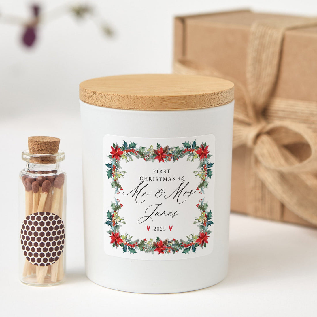 First Christmas as Mr & Mrs Candle | Newlywed Personalized Candle Gift Set | Festive Holiday Gift with Matches