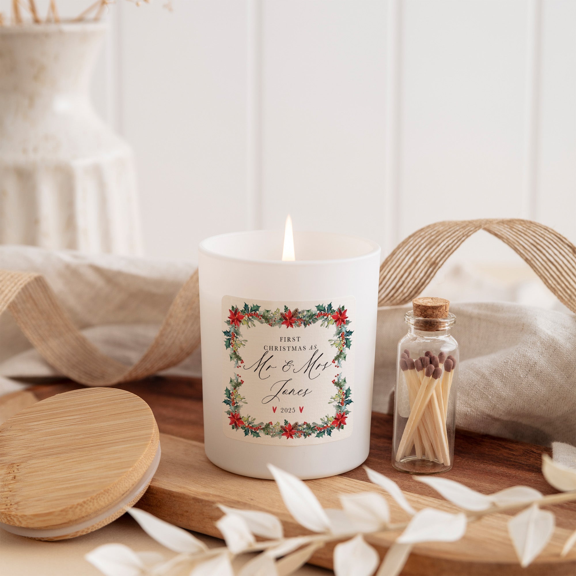 First Christmas as Mr & Mrs Candle | Newlywed Personalized Candle Gift Set | Festive Holiday Gift with Matches
