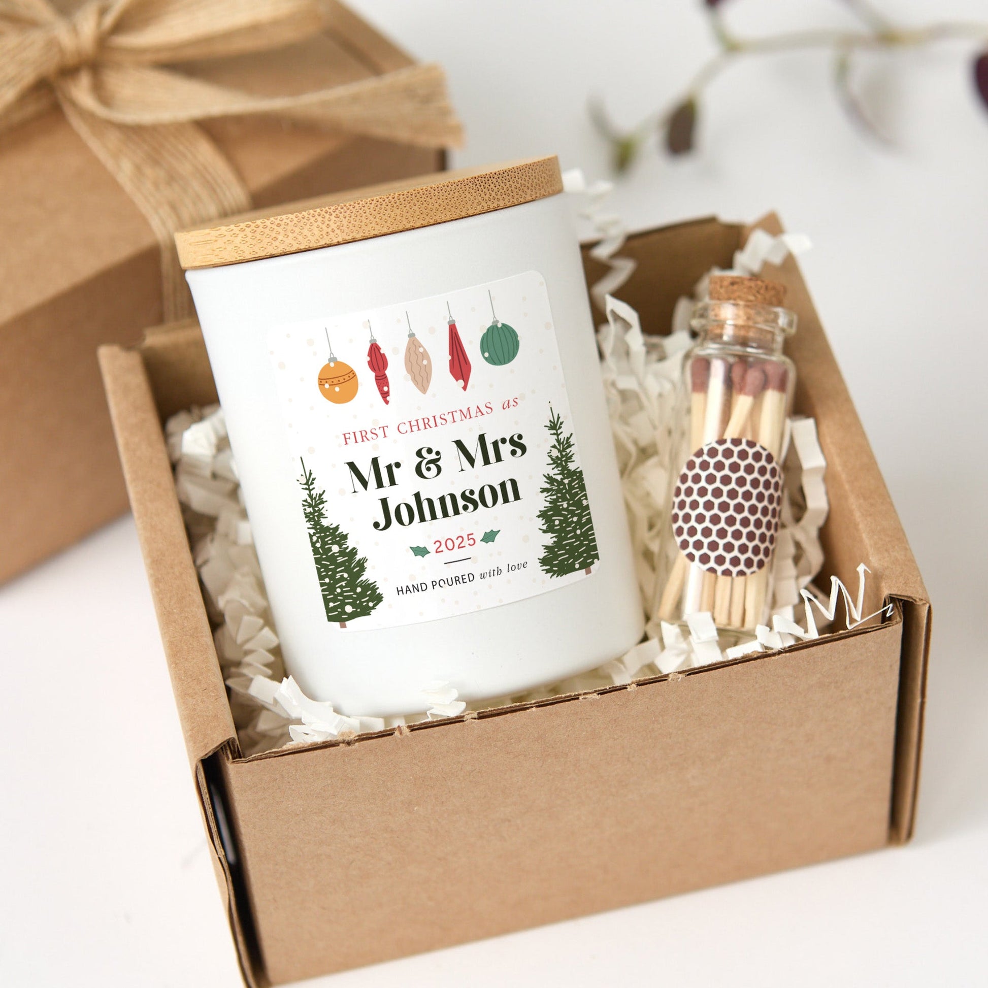 First Christmas as Mr & Mrs Candle | Personalized Newlywed Gift | Soy Wax Candle with Ribbon Matches | Holiday Gift for Couple