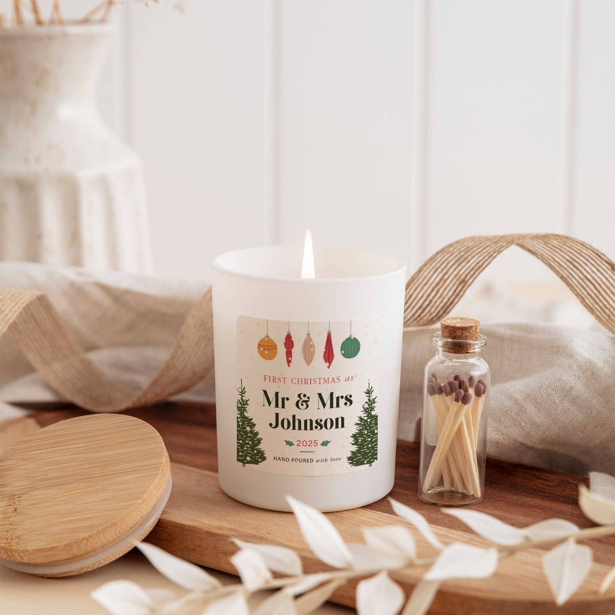 First Christmas as Mr & Mrs Candle | Personalized Newlywed Gift | Soy Wax Candle with Ribbon Matches | Holiday Gift for Couple