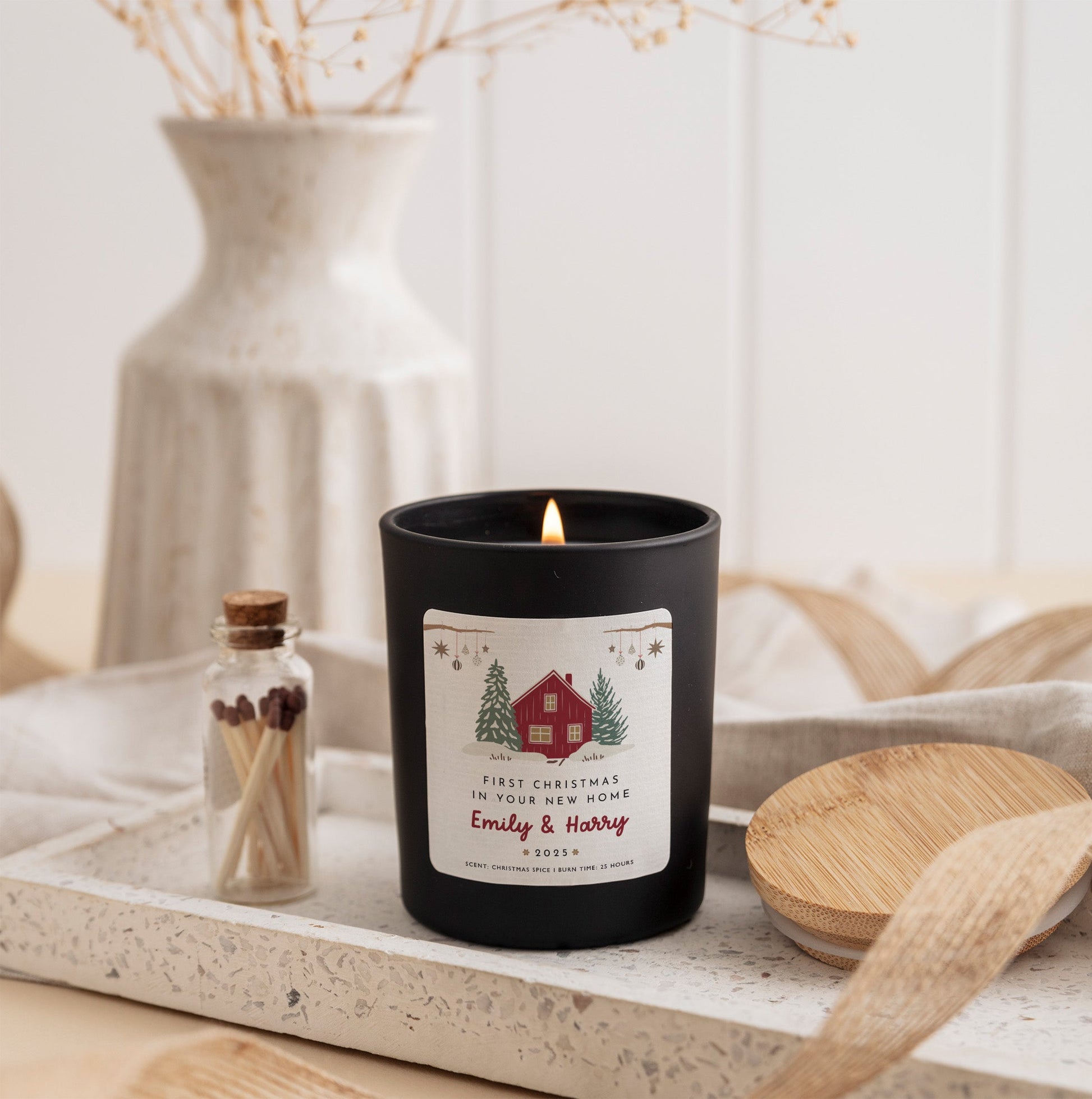 First Christmas in New Home Personalized Candle | Housewarming Candle Gift with Ribbon and Mini Wooden Matches