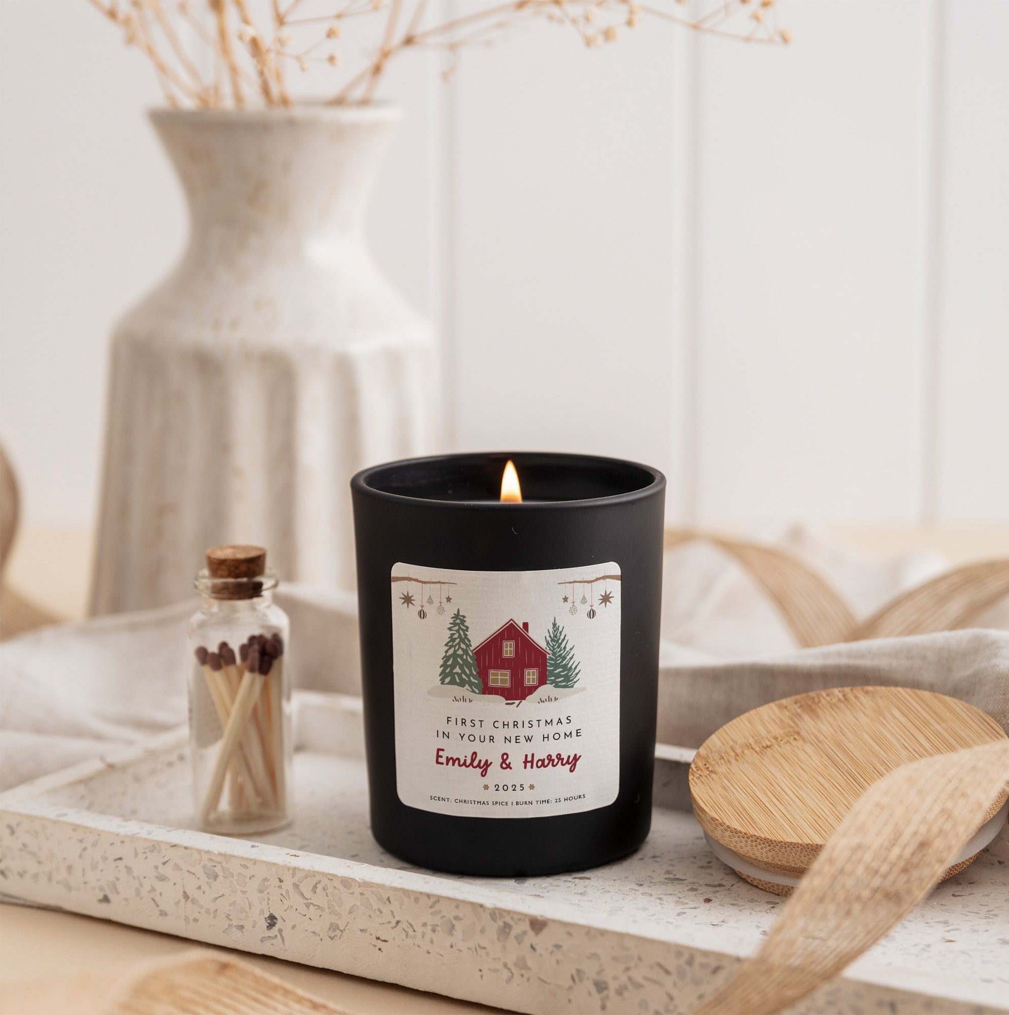 First Christmas in New Home Personalized Candle | Housewarming Candle Gift with Ribbon and Mini Wooden Matches