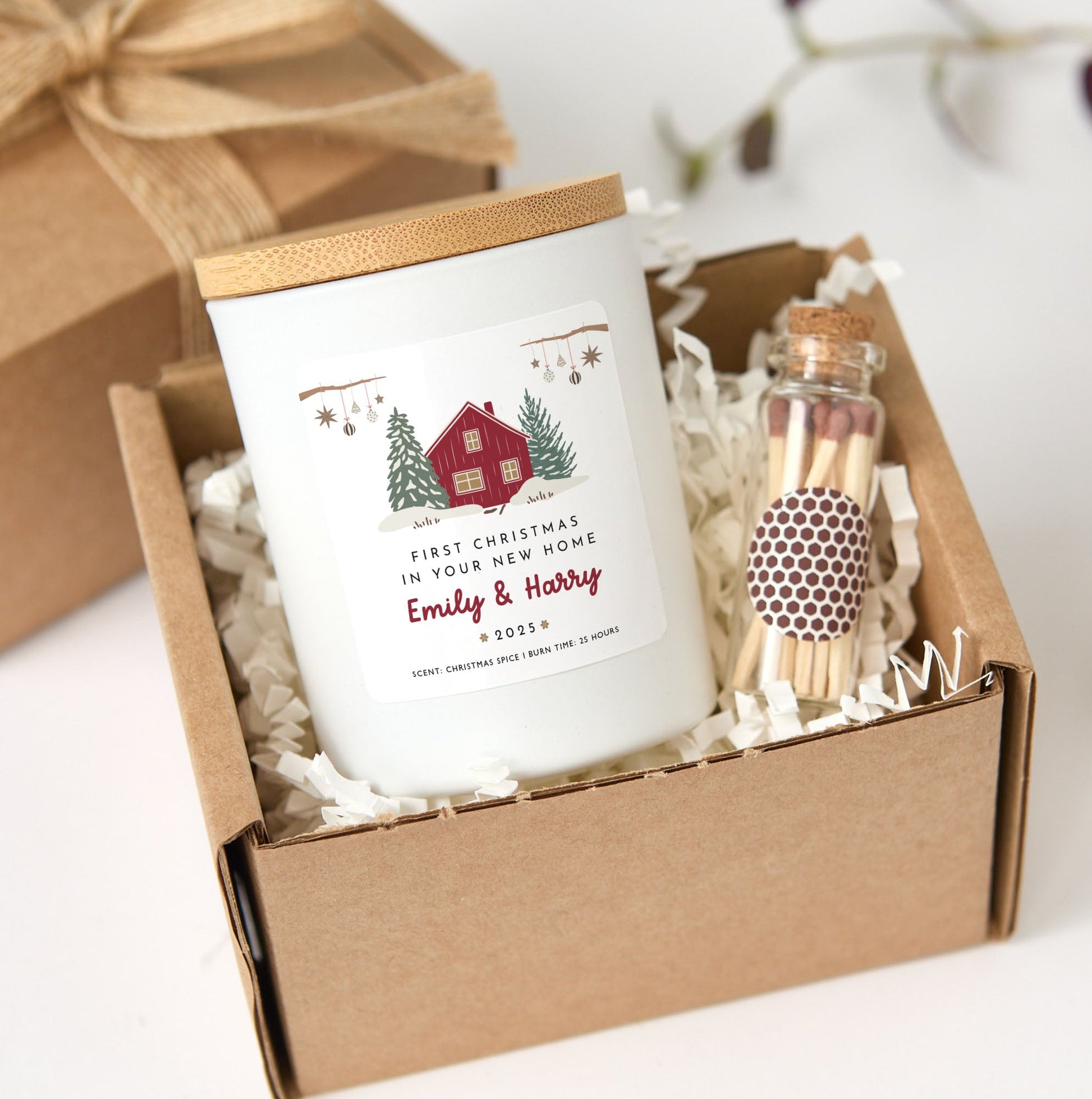 First Christmas in New Home Personalized Candle | Housewarming Candle Gift with Ribbon and Mini Wooden Matches