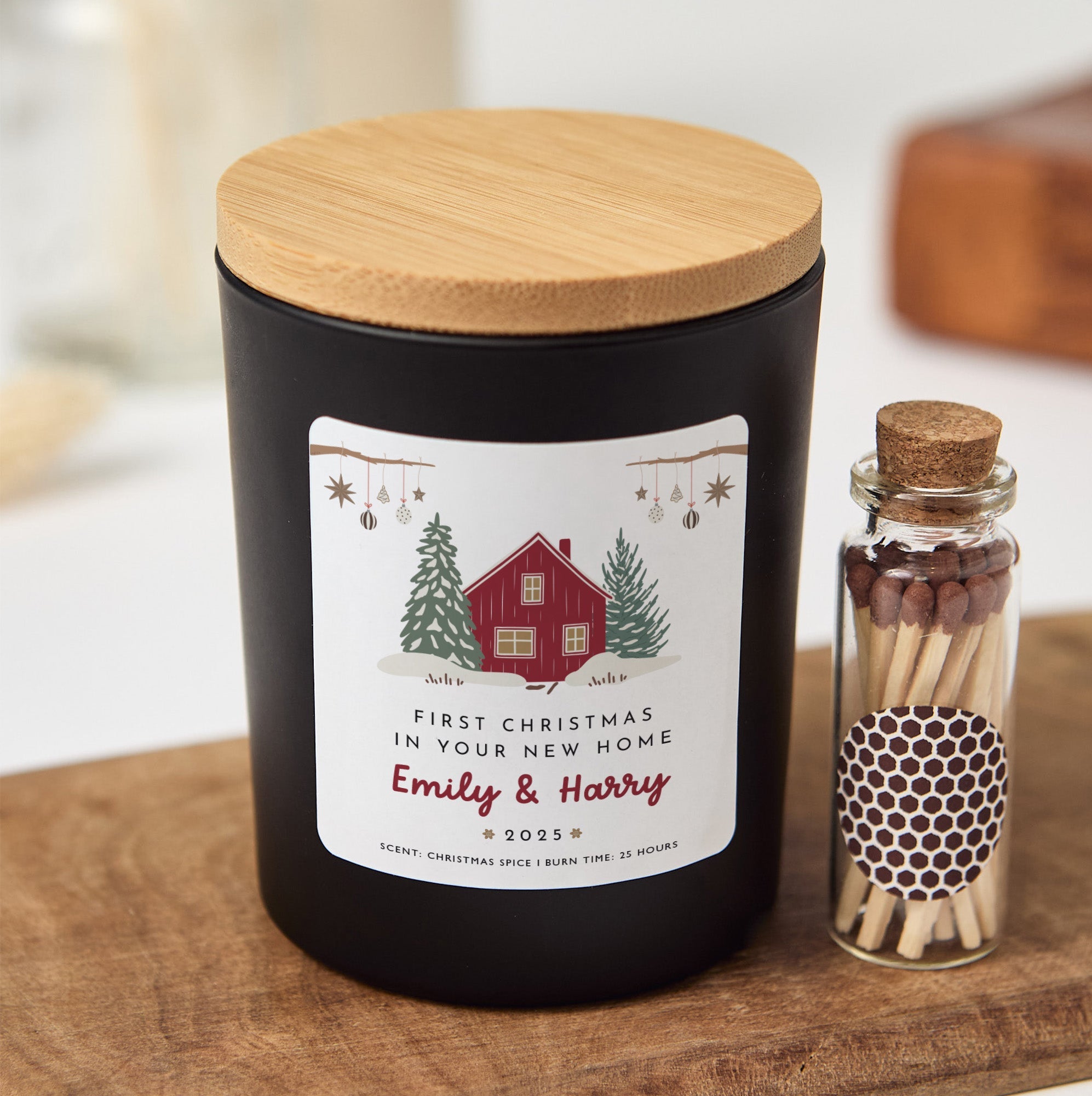 First Christmas in New Home Personalized Candle | Housewarming Candle Gift with Ribbon and Mini Wooden Matches