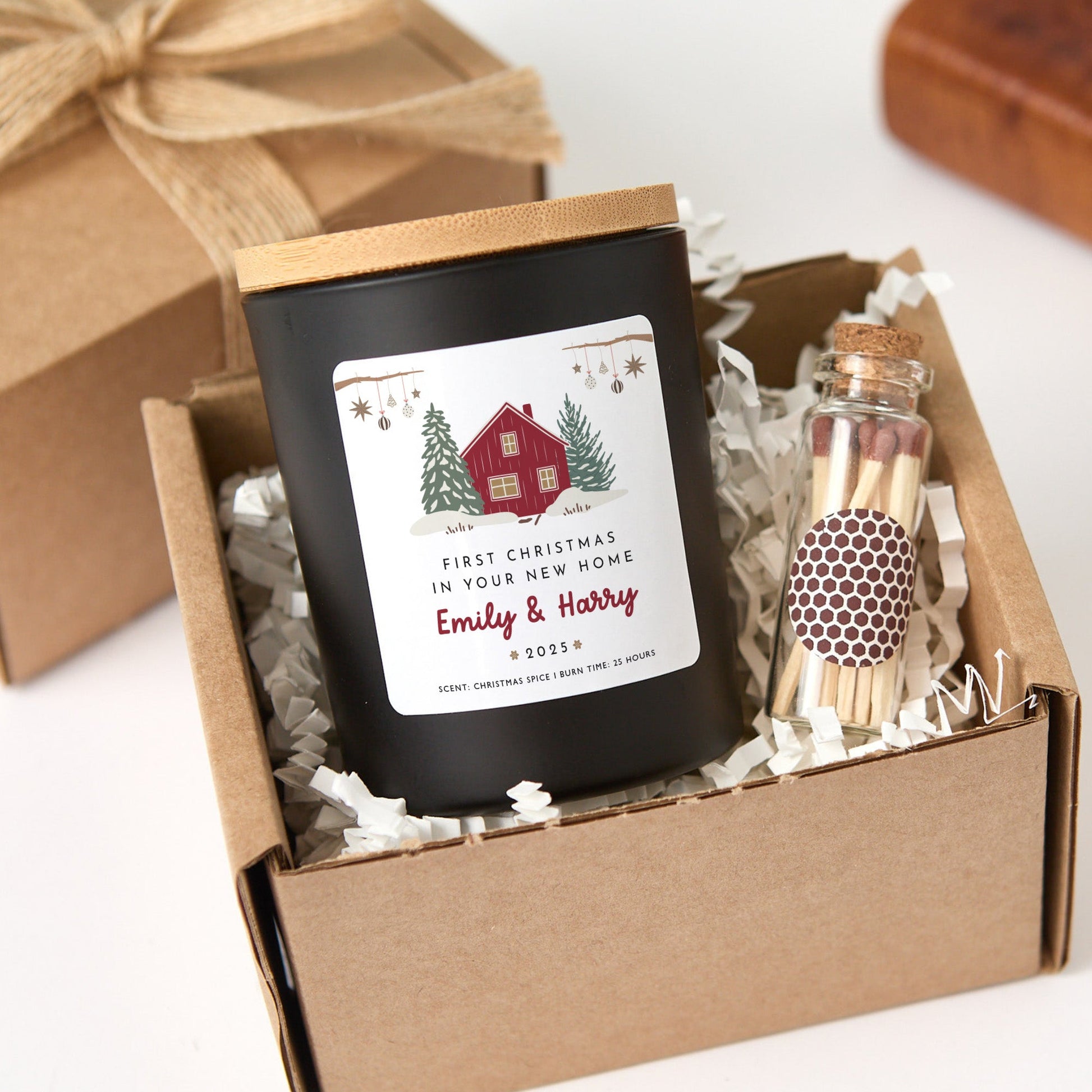 First Christmas in New Home Personalized Candle | Housewarming Candle Gift with Ribbon and Mini Wooden Matches