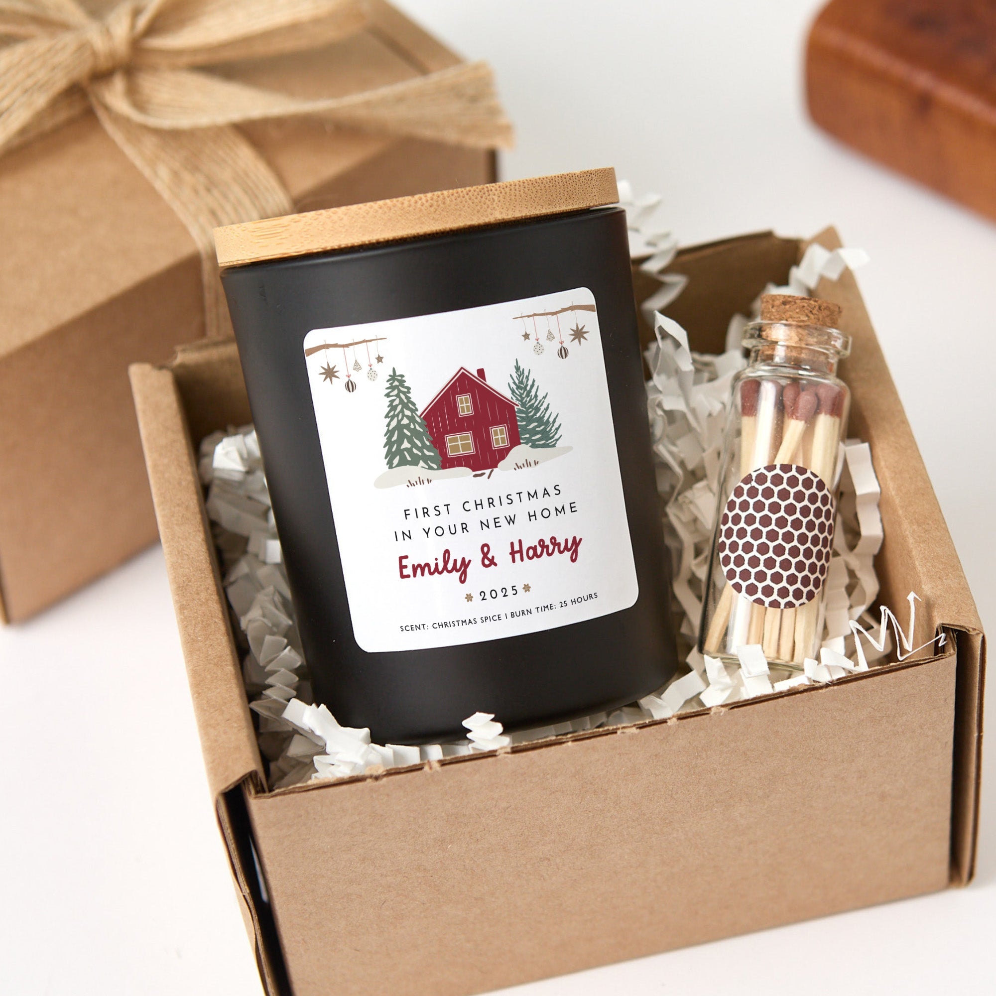 First Christmas in New Home Personalized Candle | Housewarming Candle Gift with Ribbon and Mini Wooden Matches
