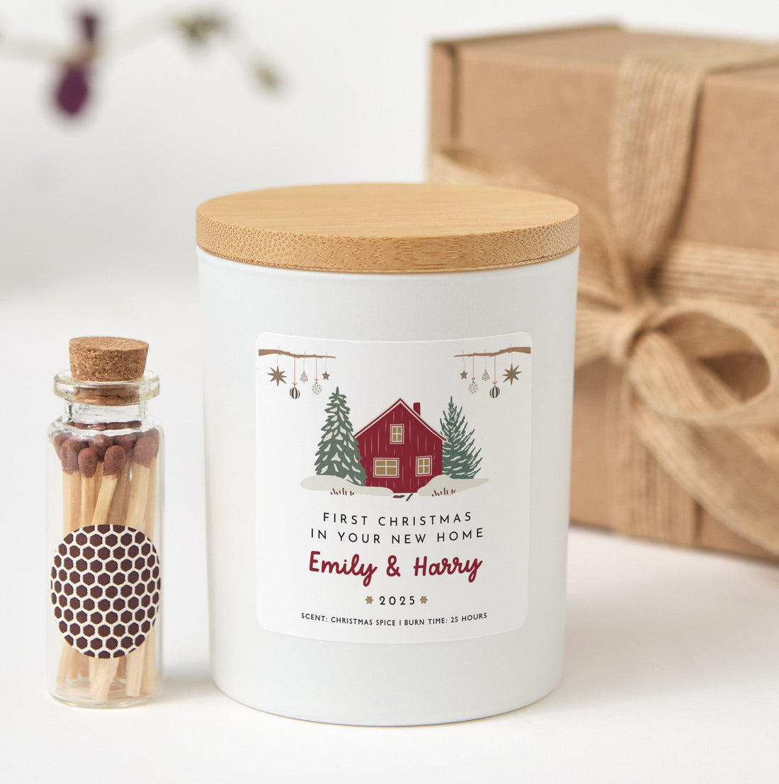 First Christmas in New Home Personalized Candle | Housewarming Candle Gift with Ribbon and Mini Wooden Matches