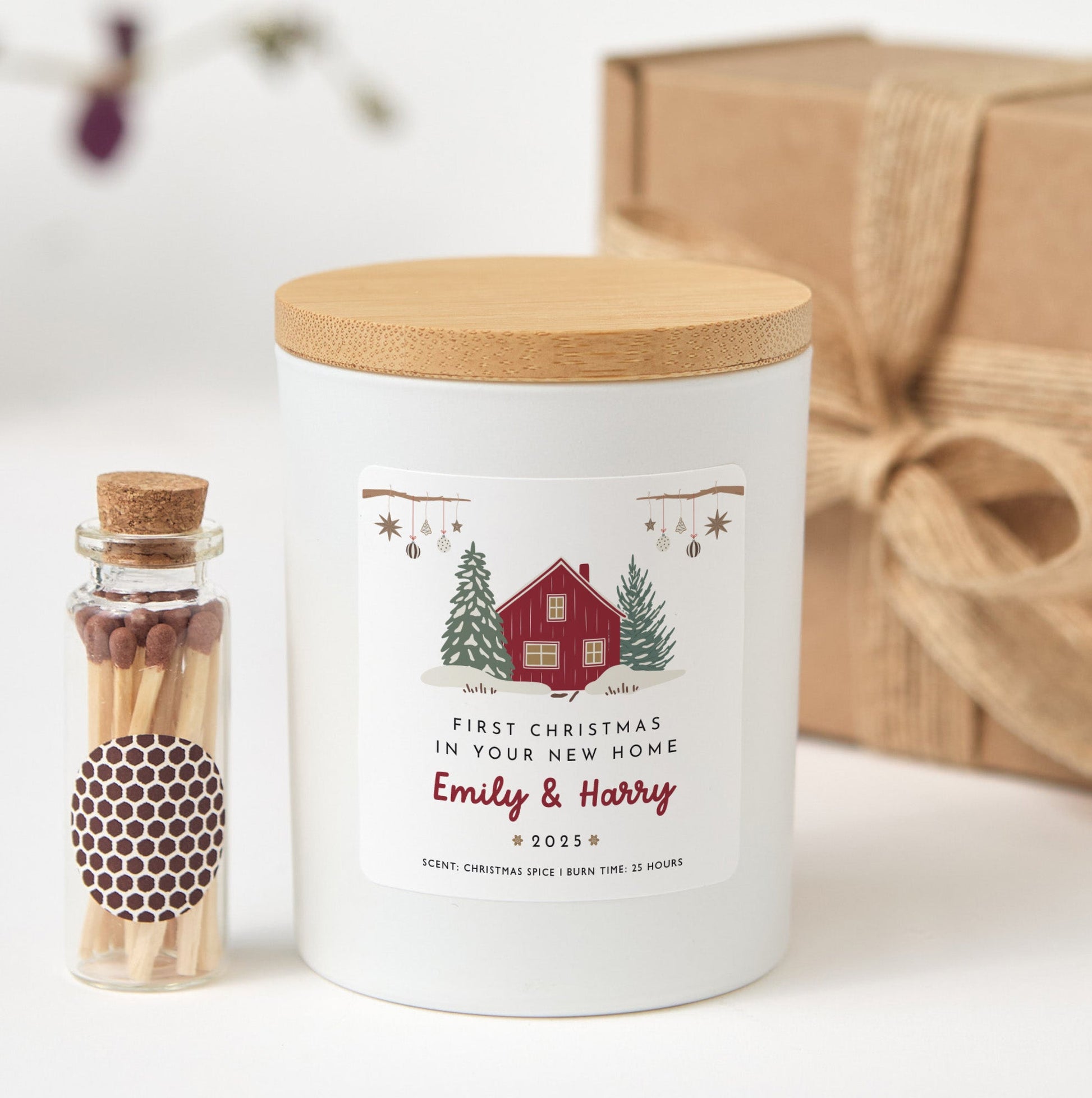 First Christmas in New Home Personalized Candle | Housewarming Candle Gift with Ribbon and Mini Wooden Matches