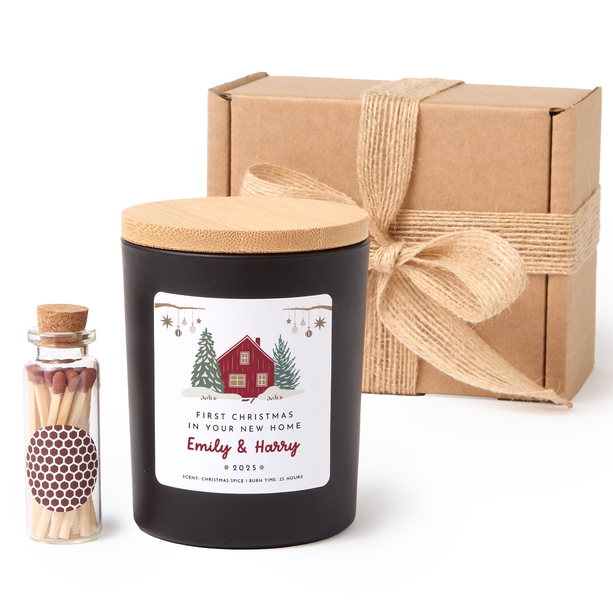 First Christmas in New Home Personalized Candle | Housewarming Candle Gift with Ribbon and Mini Wooden Matches