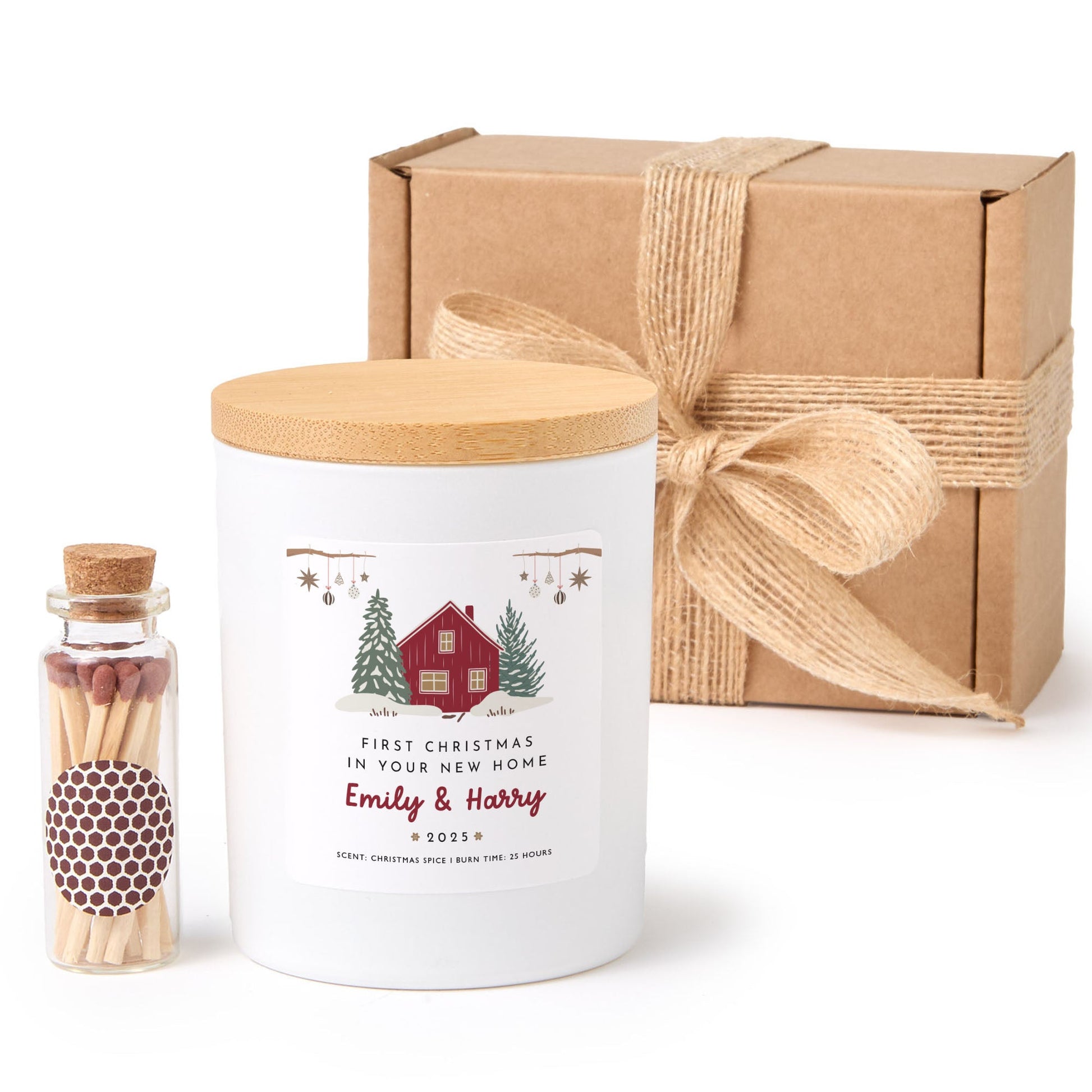 First Christmas in New Home Personalized Candle | Housewarming Candle Gift with Ribbon and Mini Wooden Matches