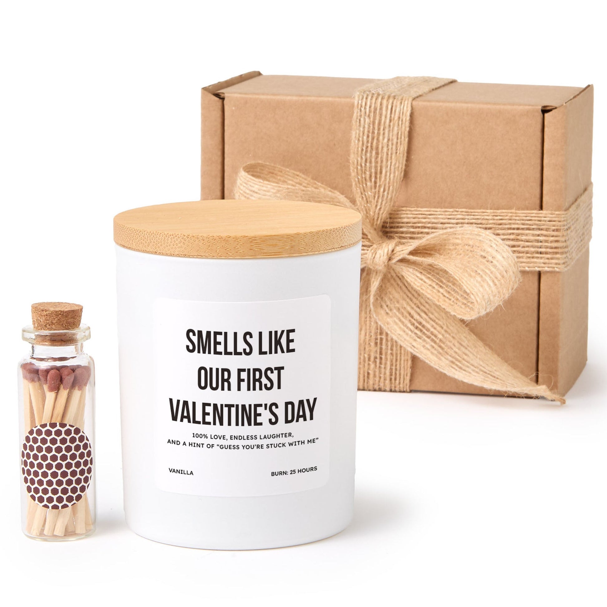 First Valentine’s Day Candle, Romantic Gift for Couple or Partner, Funny Love Quote Keepsake with Matches and Box