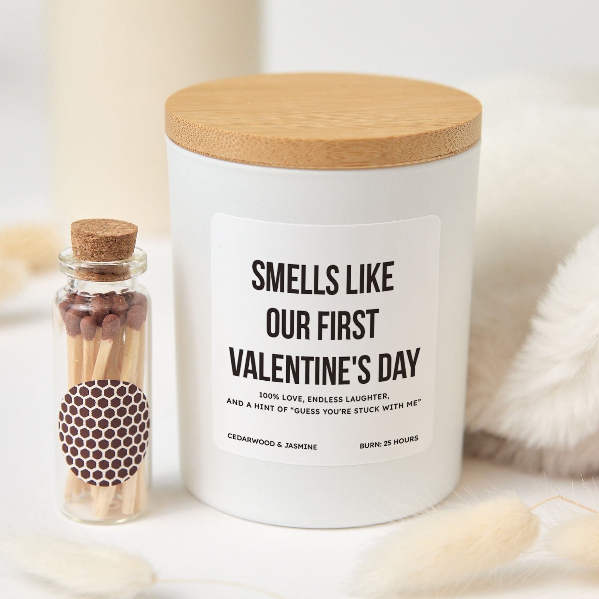 First Valentine’s Day Candle, Romantic Gift for Couple or Partner, Funny Love Quote Keepsake with Matches and Box