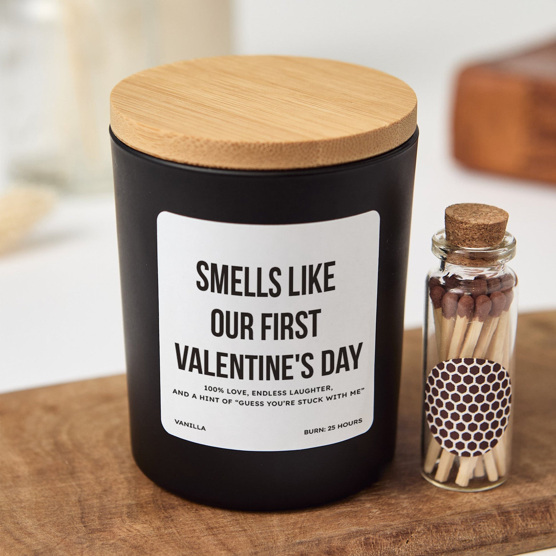 First Valentine’s Day Candle, Romantic Gift for Couple or Partner, Funny Love Quote Keepsake with Matches and Box
