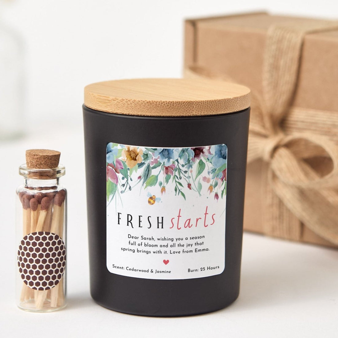 Fresh Starts Candle Gift for Her, Personalized Spring Soy Candle with Custom Message, Comes with Matches