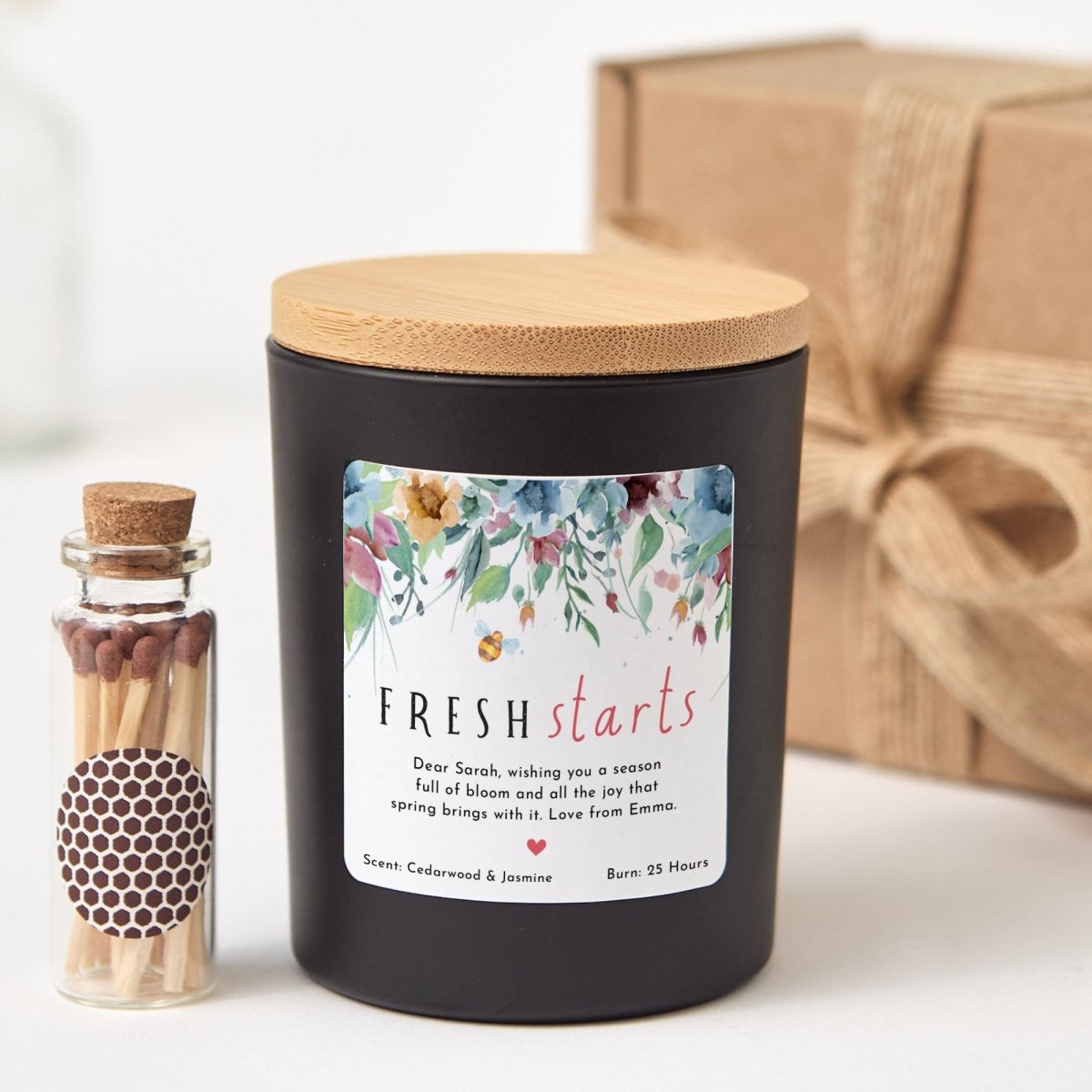 Fresh Starts Candle Gift for Her, Personalized Spring Soy Candle with Custom Message, Comes with Matches