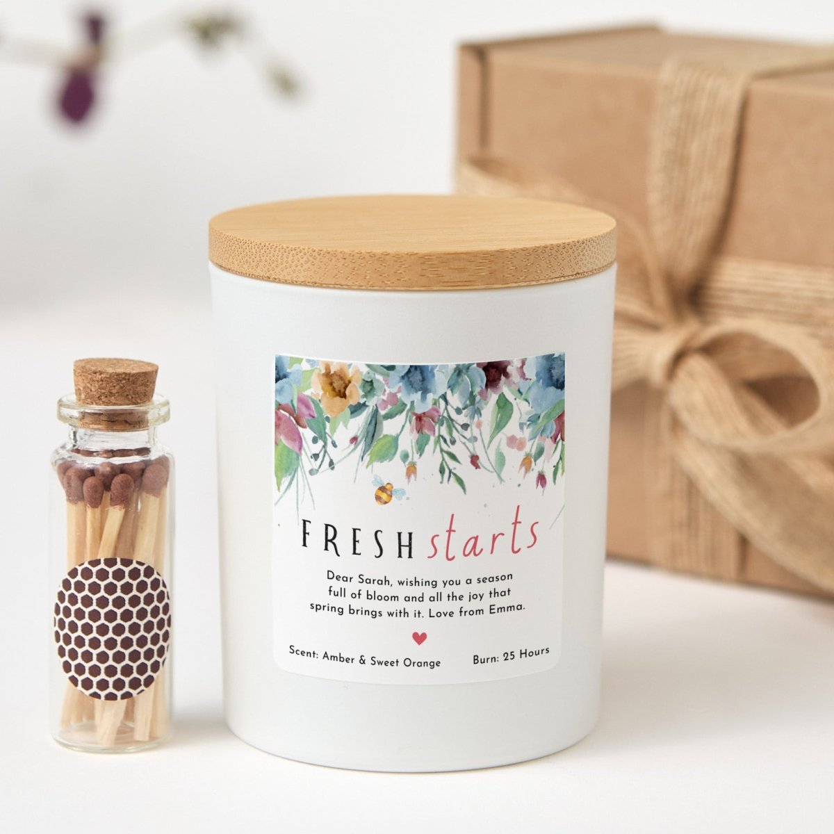 Fresh Starts Candle Gift for Her, Personalized Spring Soy Candle with Custom Message, Comes with Matches