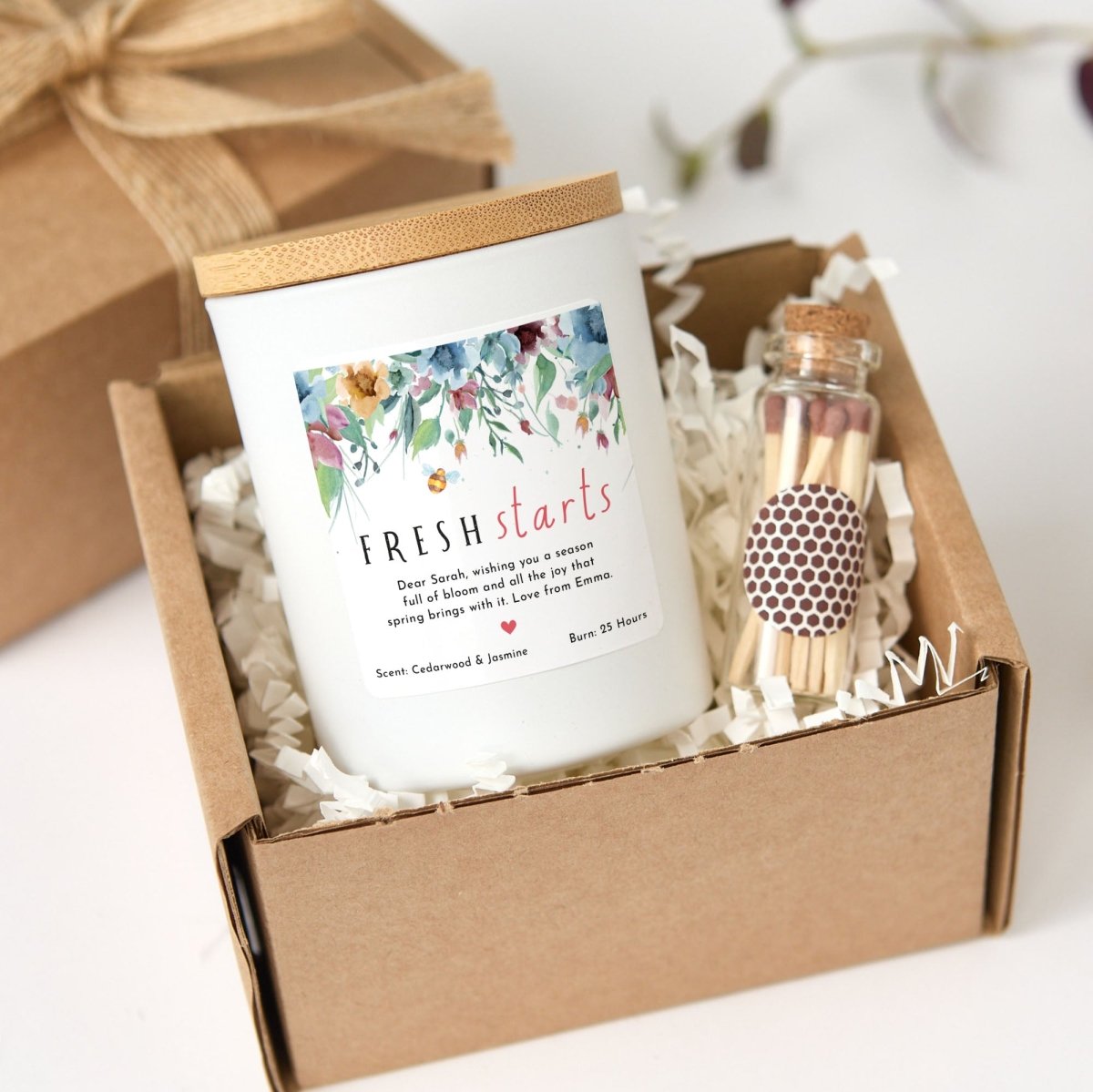 Fresh Starts Candle Gift for Her, Personalized Spring Soy Candle with Custom Message, Comes with Matches