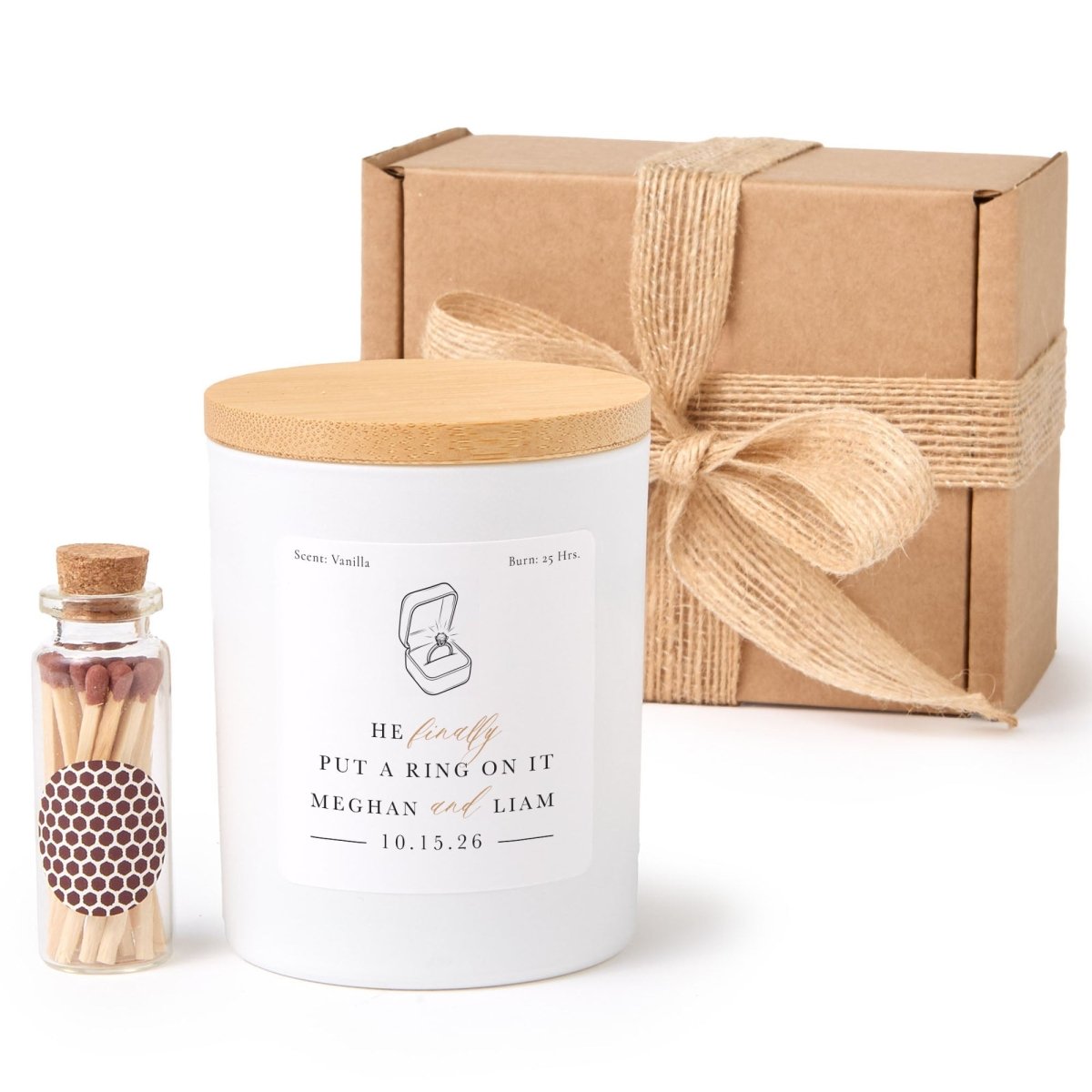 Funny Engagement Candle Gift, Personalized Ring Keepsake for Newly Engaged Couple Proposal Celebration with Matches