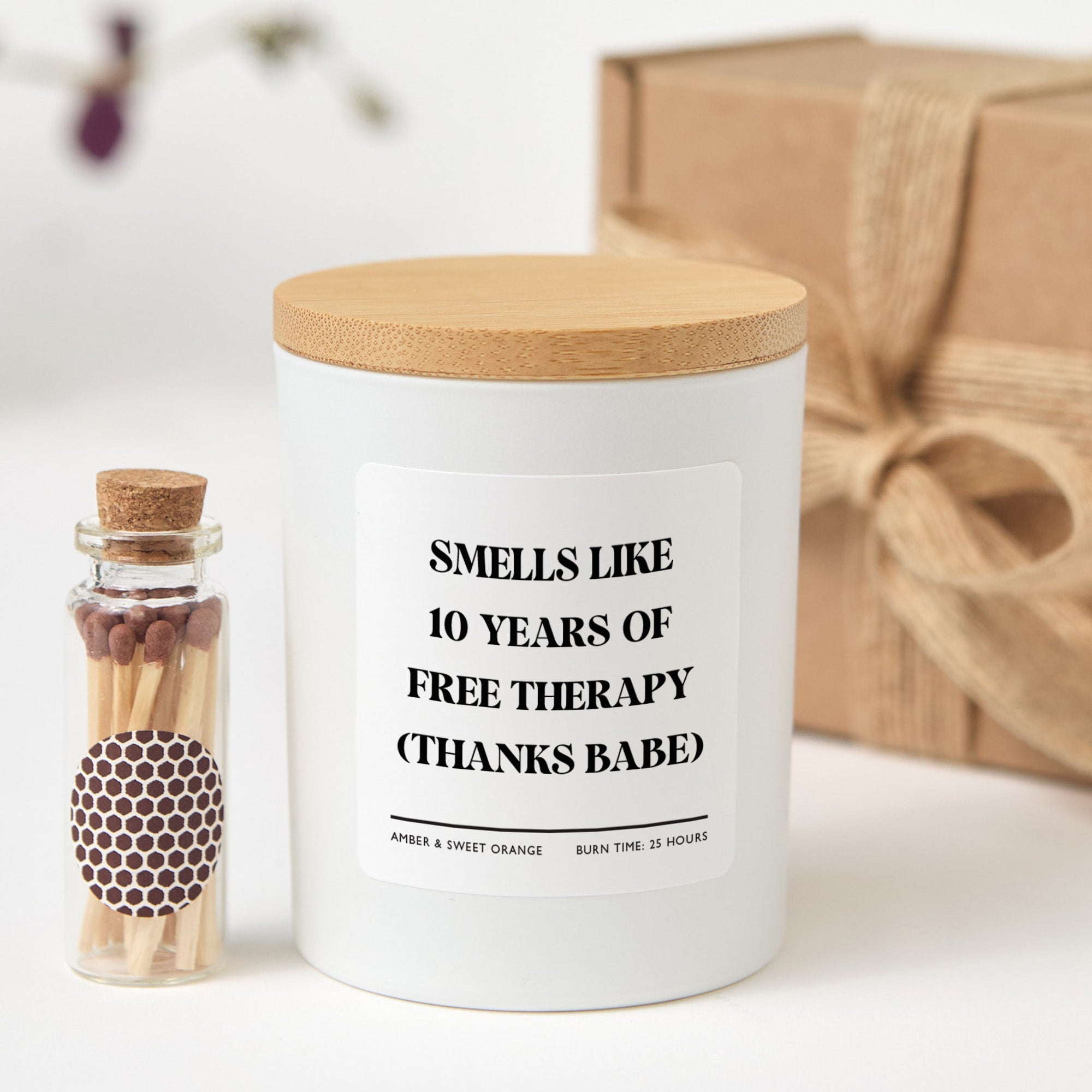 Funny Marriage Candle | Smells Like 10 Years of Free Therapy Thanks Babe | Gift Box and Mini Matches