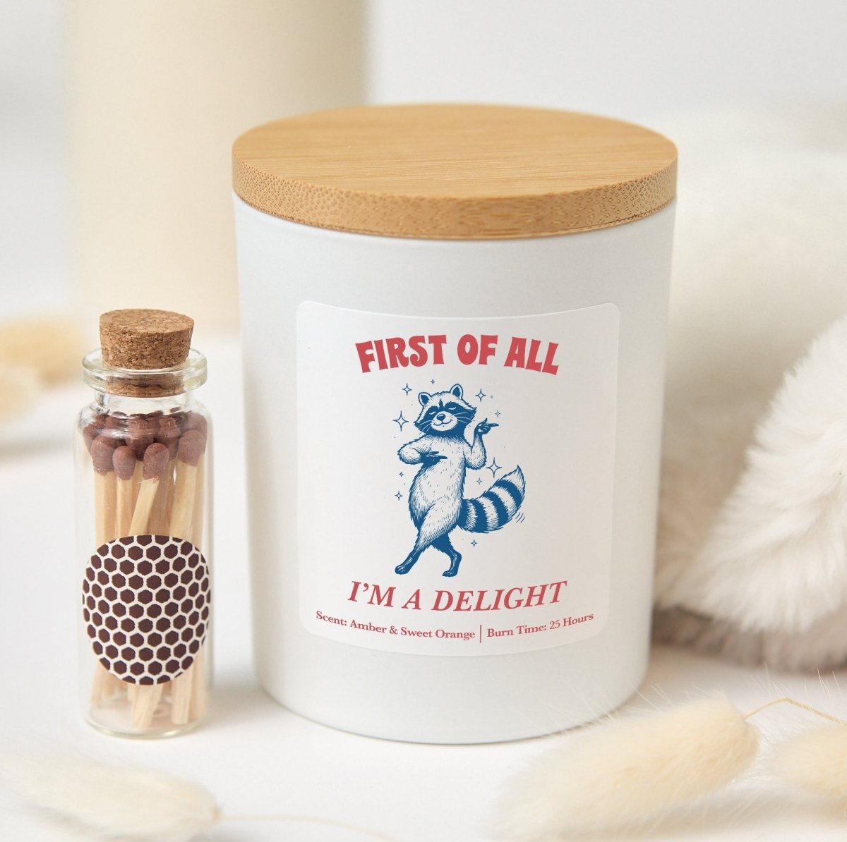 Funny Raccoon Candle, First Of All I’m A Delight Gift, Sarcastic Animal Present With Gift Box For Friend