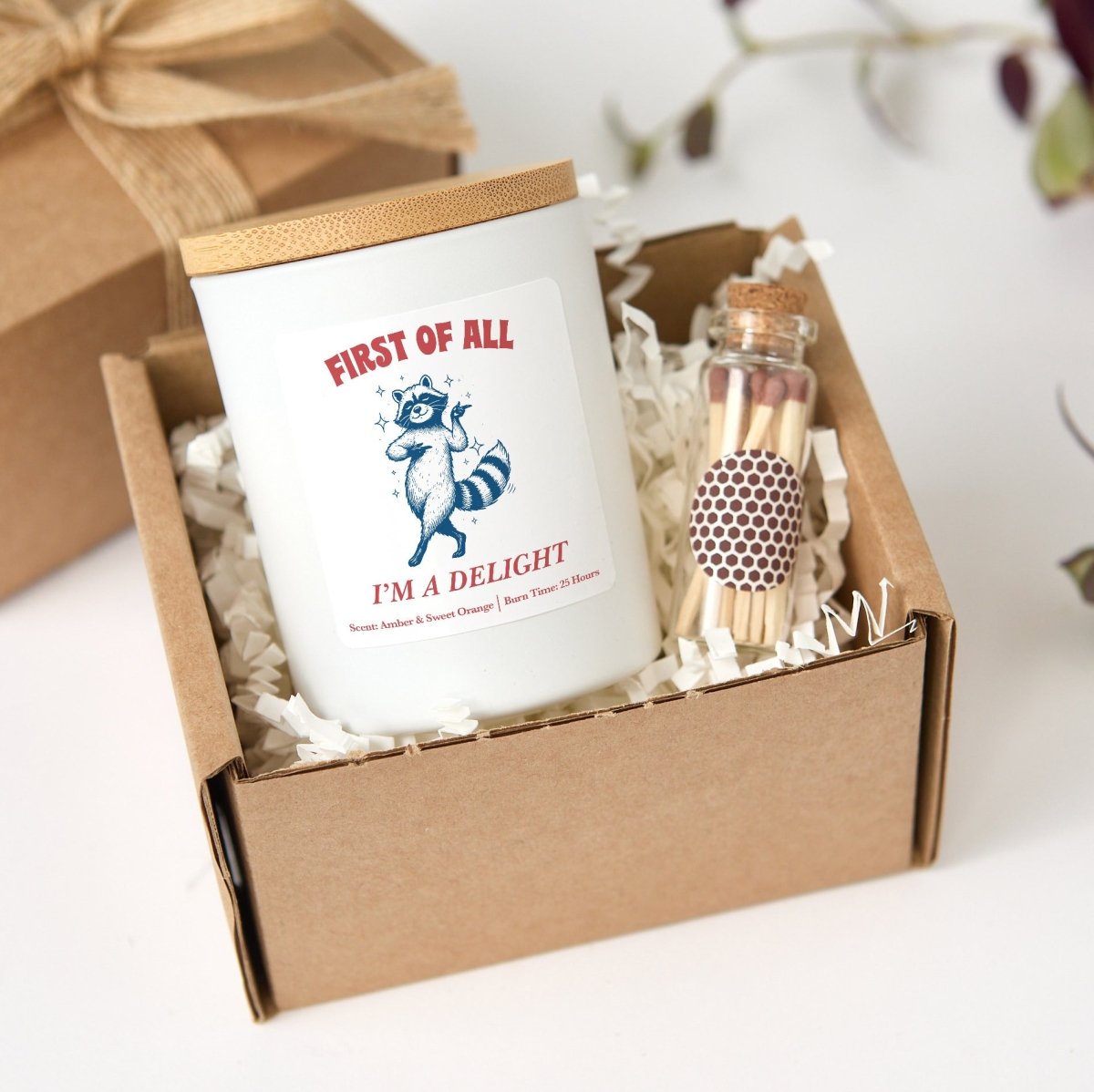 Funny Raccoon Candle, First Of All I’m A Delight Gift, Sarcastic Animal Present With Gift Box For Friend