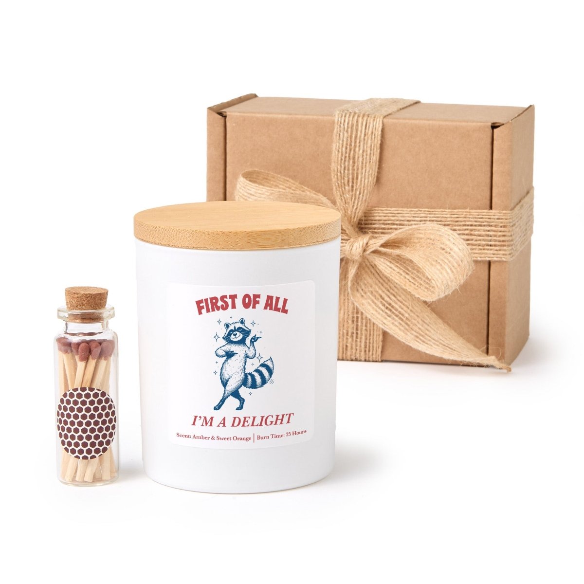 Funny Raccoon Candle, First Of All I’m A Delight Gift, Sarcastic Animal Present With Gift Box For Friend