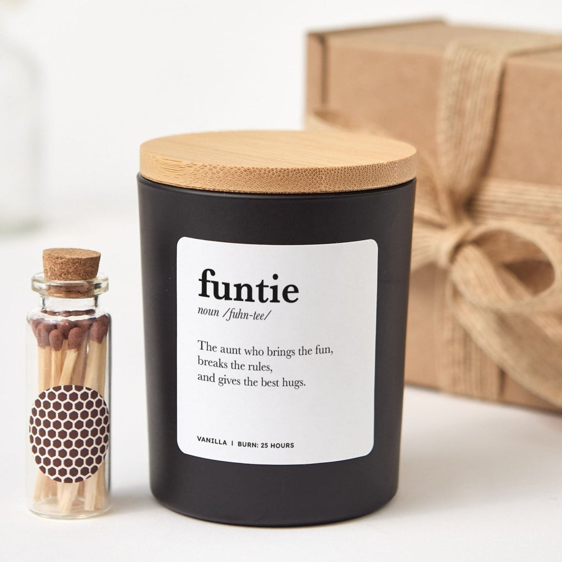 Funtie Definition Candle, Gift for Aunt from Niece Nephew, Funny Family Present Idea, Unique Keepsake with Box, Matches