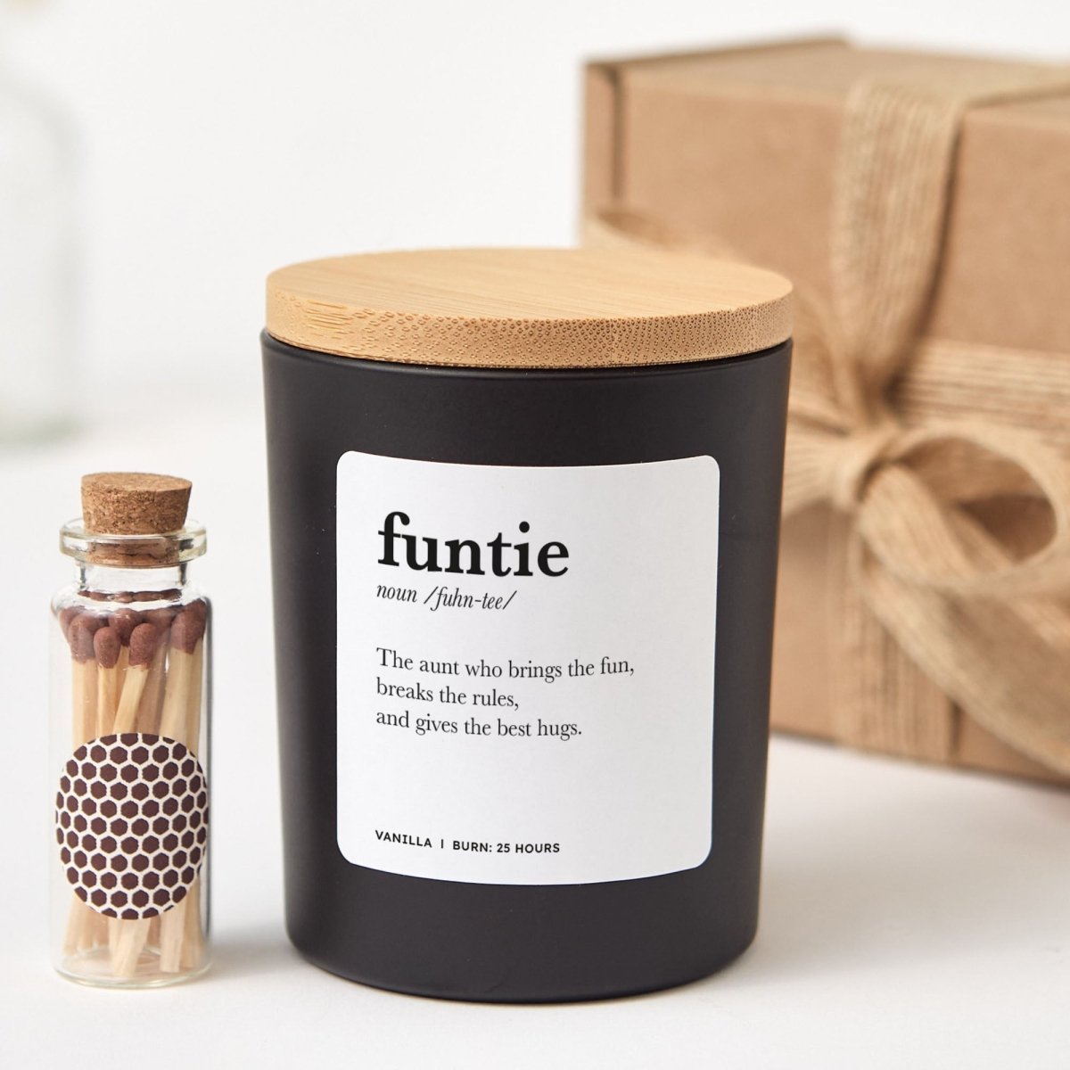 Funtie Definition Candle, Gift for Aunt from Niece Nephew, Funny Family Present Idea, Unique Keepsake with Box, Matches