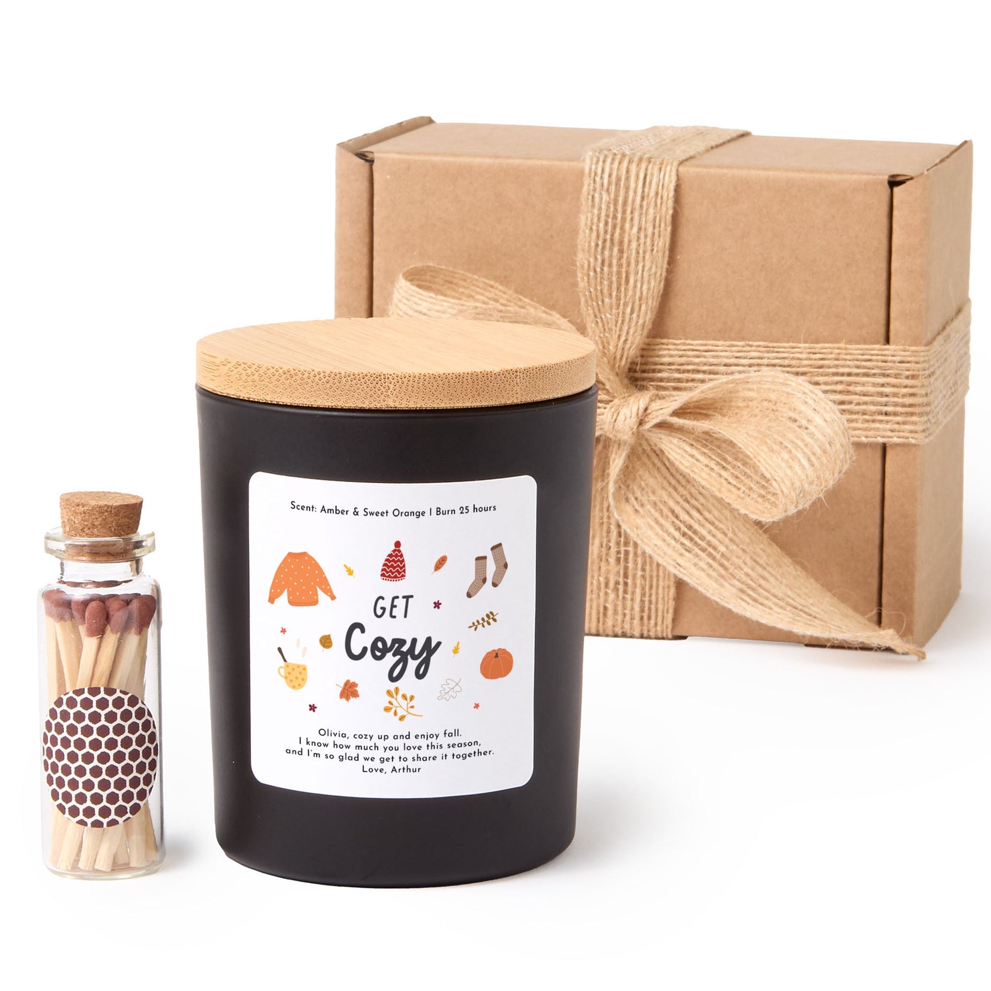 Get Cosy Autumn Candle with Matches | Fall Candle Gift Box | Personalized Soy Wax Candle | Cozy Autumn Gift for Her, Him, Friends & Family