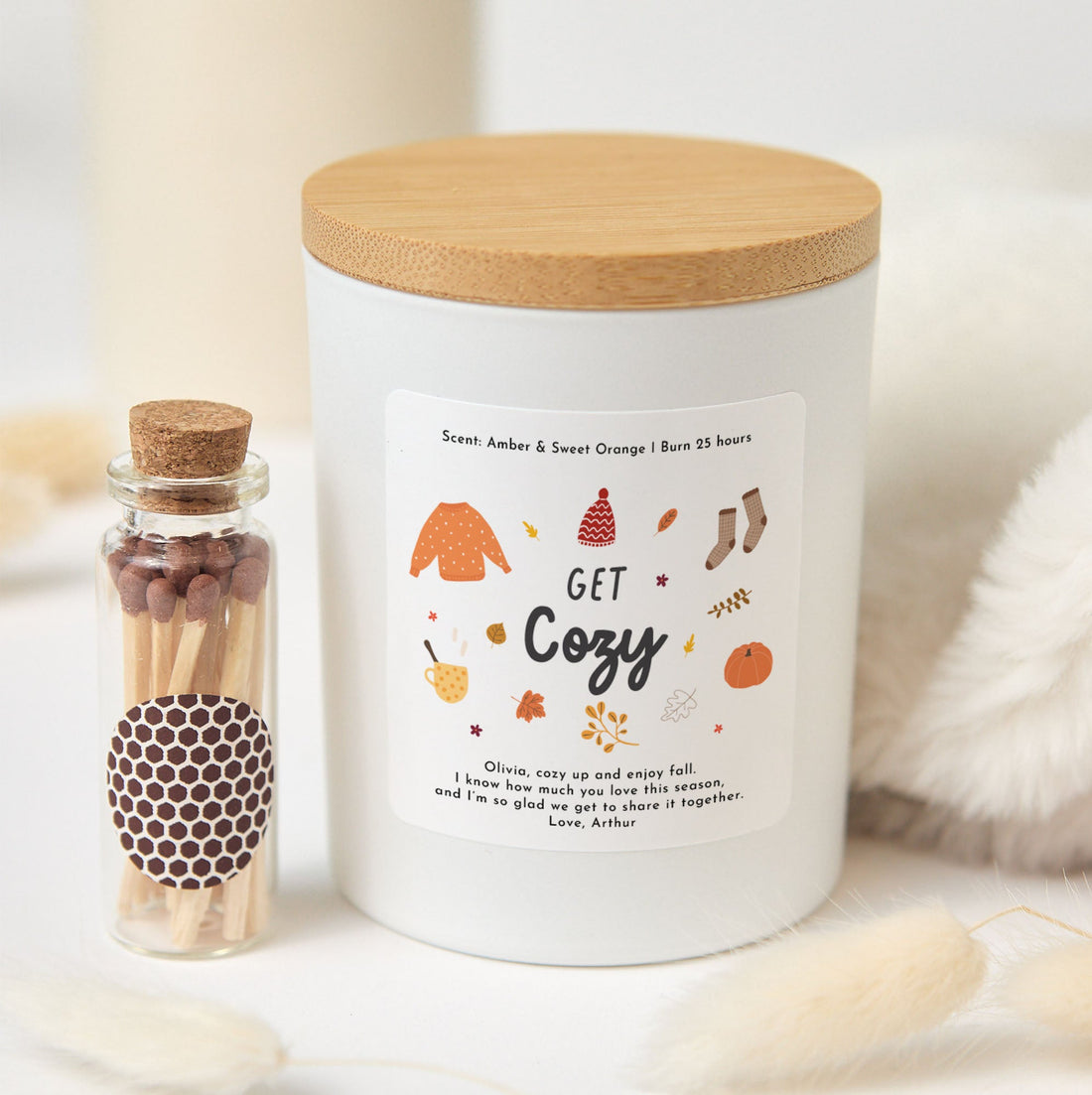 Get Cosy Autumn Candle with Matches | Fall Candle Gift Box | Personalized Soy Wax Candle | Cozy Autumn Gift for Her, Him, Friends & Family