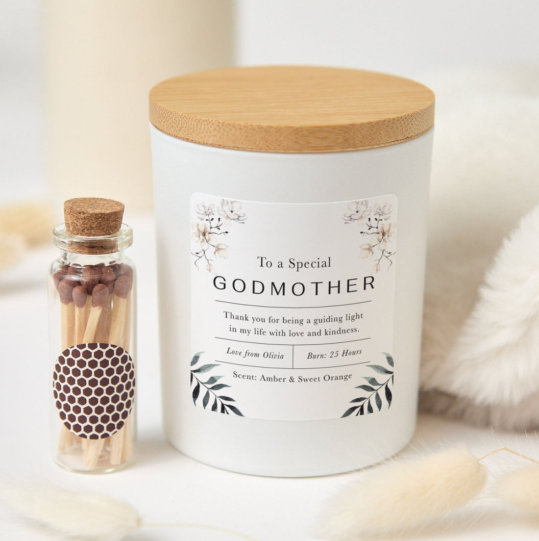 Godmother Candle Gift | Hand - Poured Soy Wax Candle with Matches | Special Thank You Gift for Godmother