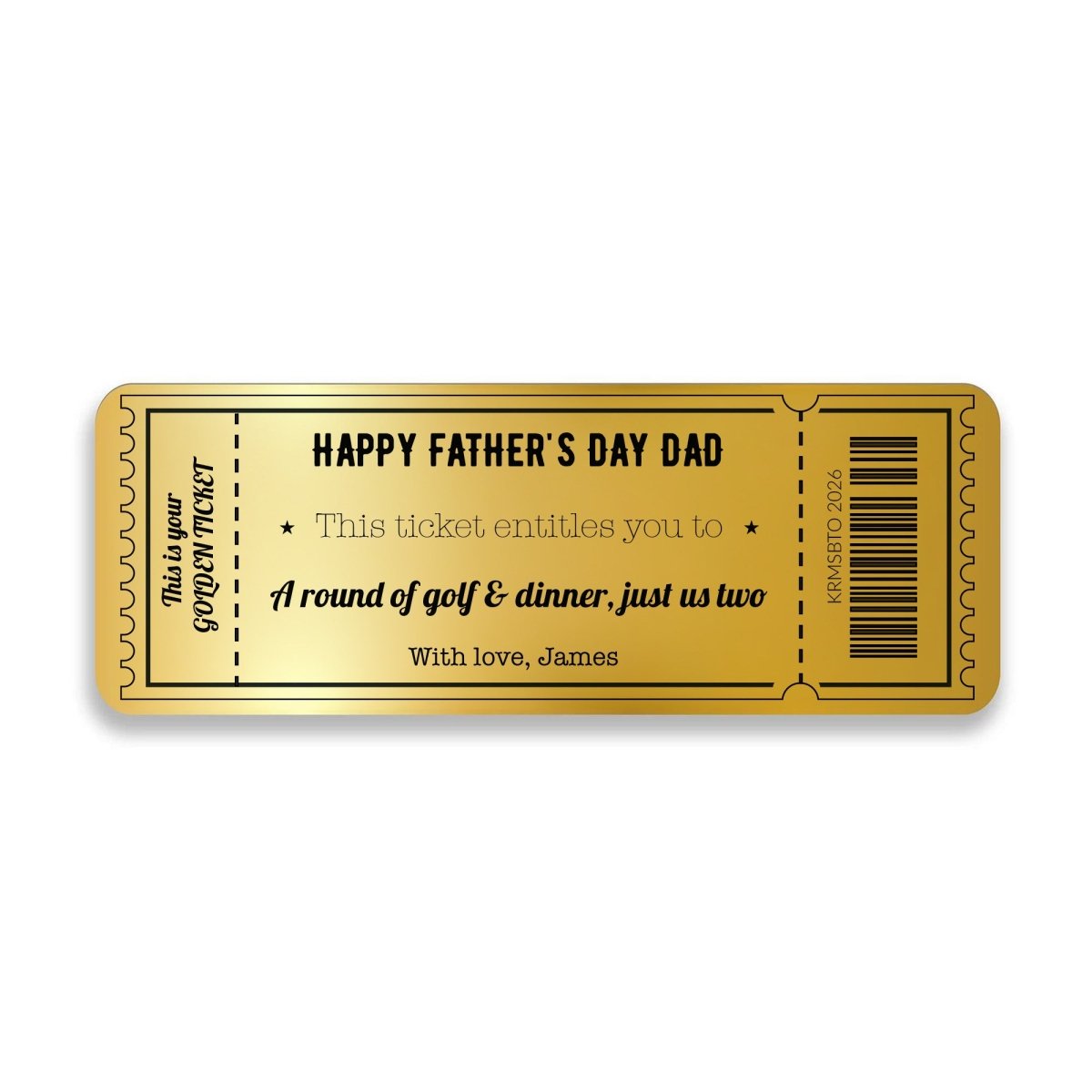 Golden Ticket Voucher, Gift for Dad, Personalized Father’s Day Keepsake, Custom Experience Present, Golf Dinner Card