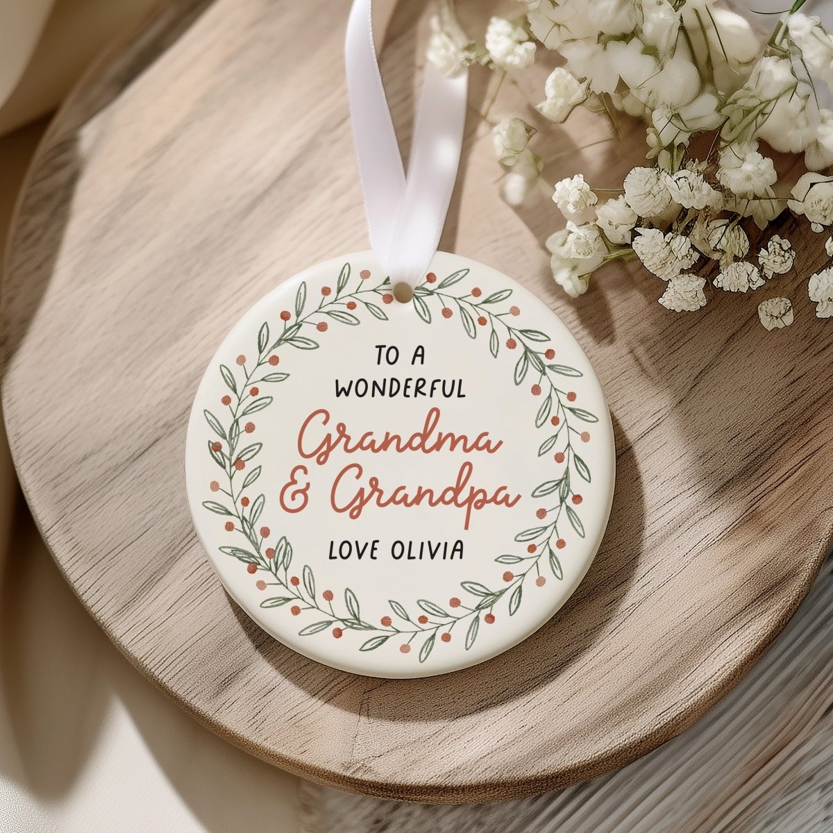 Grandma and Grandpa Ornament, Personalized Family Keepsake with Floral Wreath, Christmas Gift from Grandchild