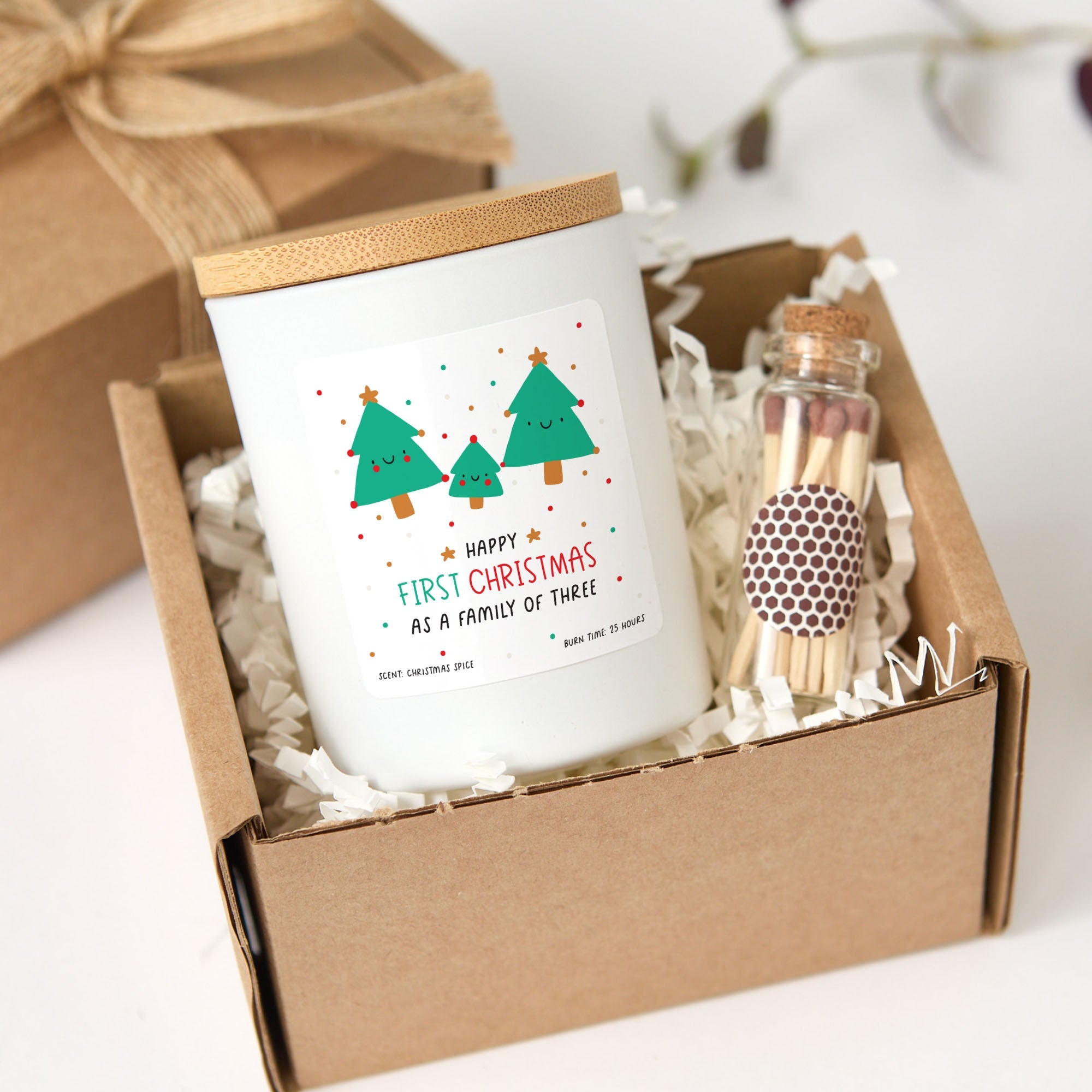 Happy First Christmas as a Family of Three Candle | Personalized Holiday Candle Gift Box with Matches | Family Christmas Keepsake