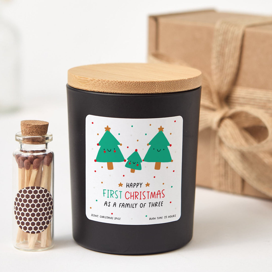 Happy First Christmas as a Family of Three Candle | Personalized Holiday Candle Gift Box with Matches | Family Christmas Keepsake