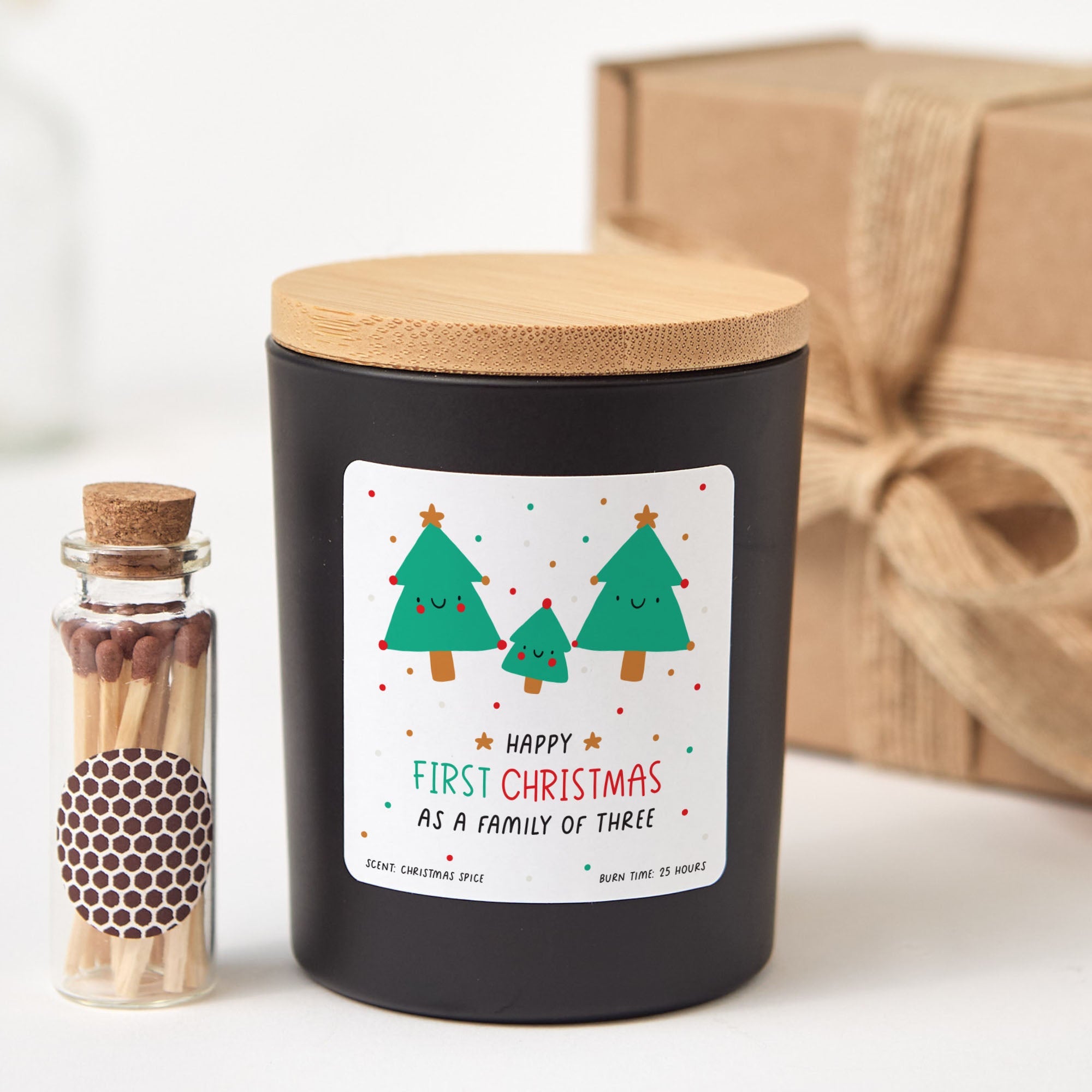 Happy First Christmas as a Family of Three Candle | Personalized Holiday Candle Gift Box with Matches | Family Christmas Keepsake