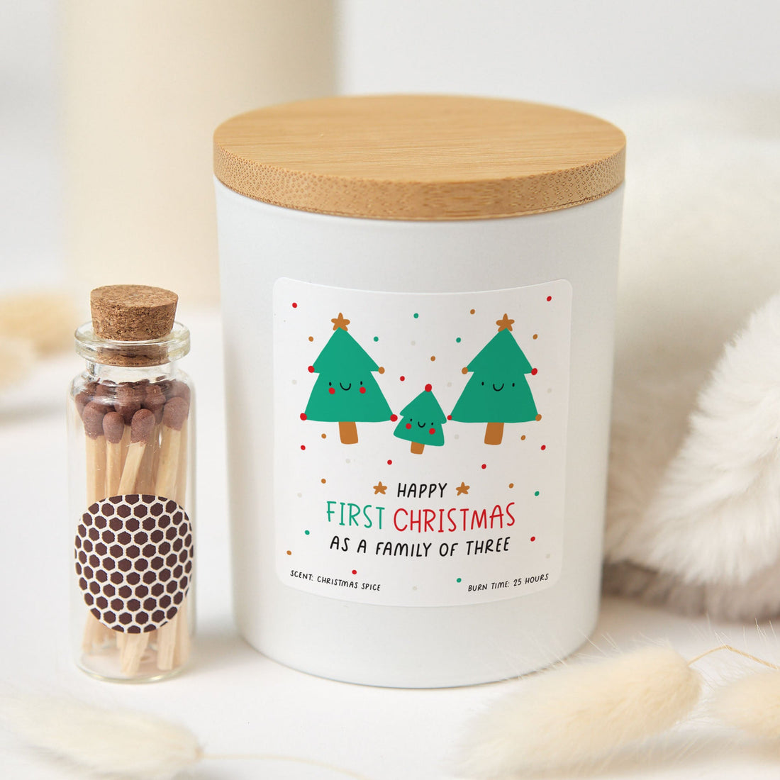 Happy First Christmas as a Family of Three Candle | Personalized Holiday Candle Gift Box with Matches | Family Christmas Keepsake