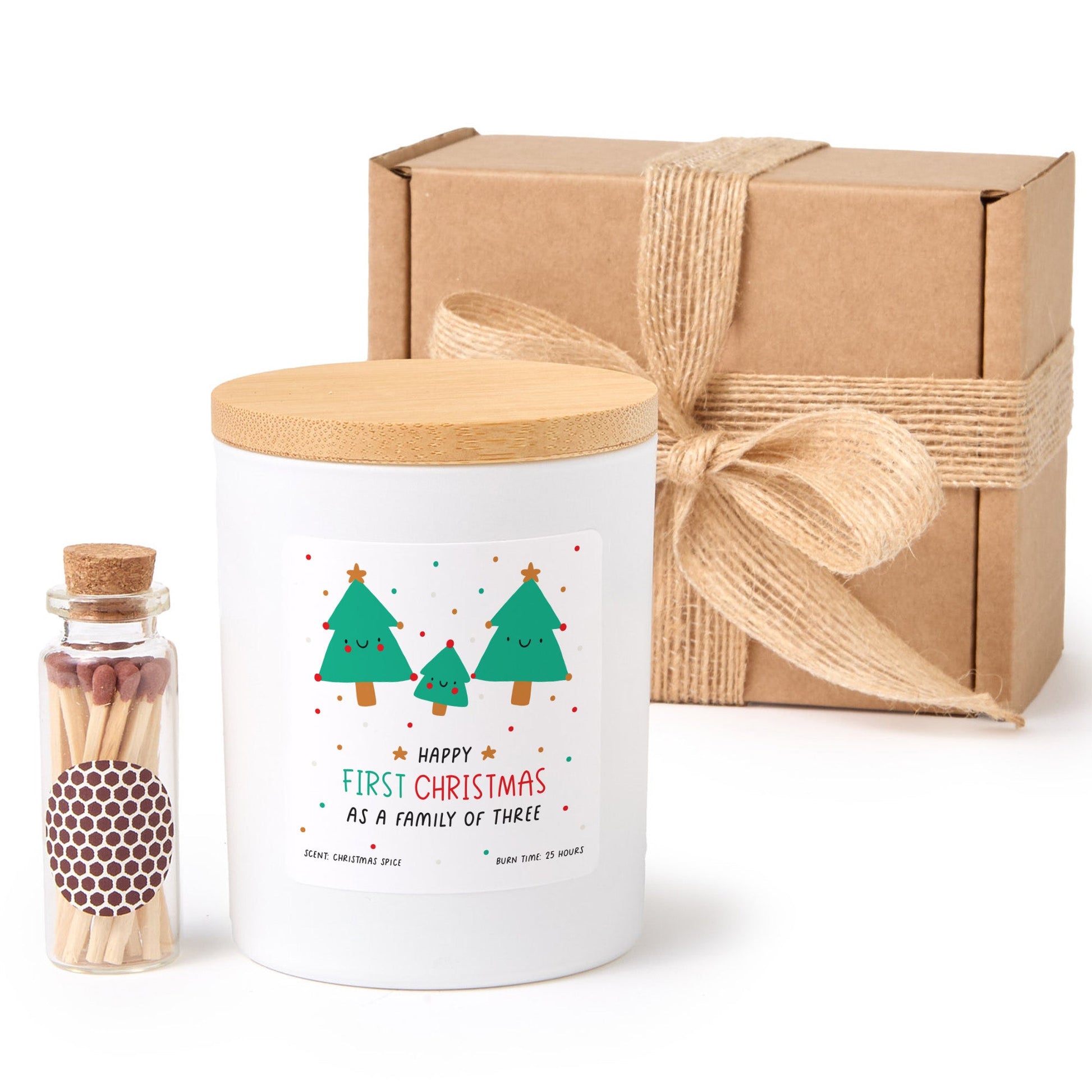 Happy First Christmas as a Family of Three Candle | Personalized Holiday Candle Gift Box with Matches | Family Christmas Keepsake
