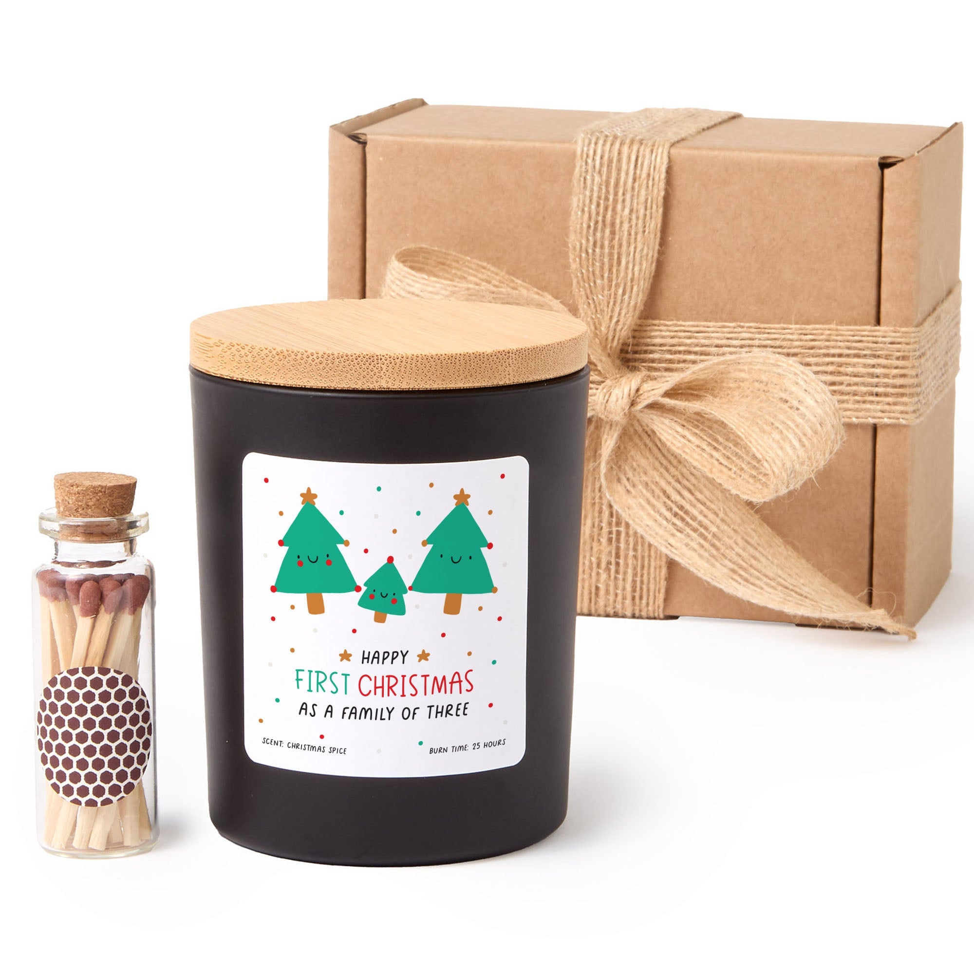 Happy First Christmas as a Family of Three Candle | Personalized Holiday Candle Gift Box with Matches | Family Christmas Keepsake