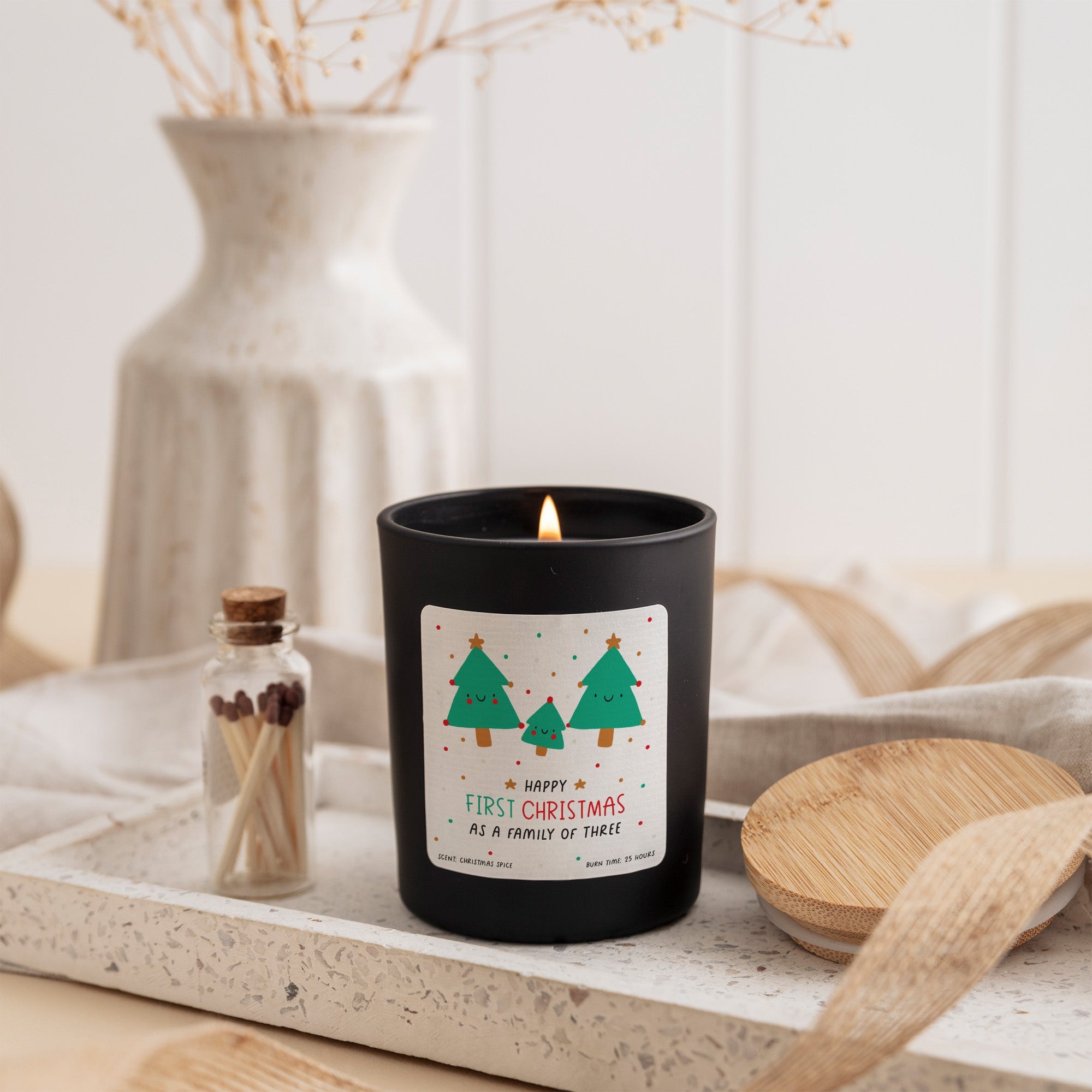Happy First Christmas as a Family of Three Candle | Personalized Holiday Candle Gift Box with Matches | Family Christmas Keepsake