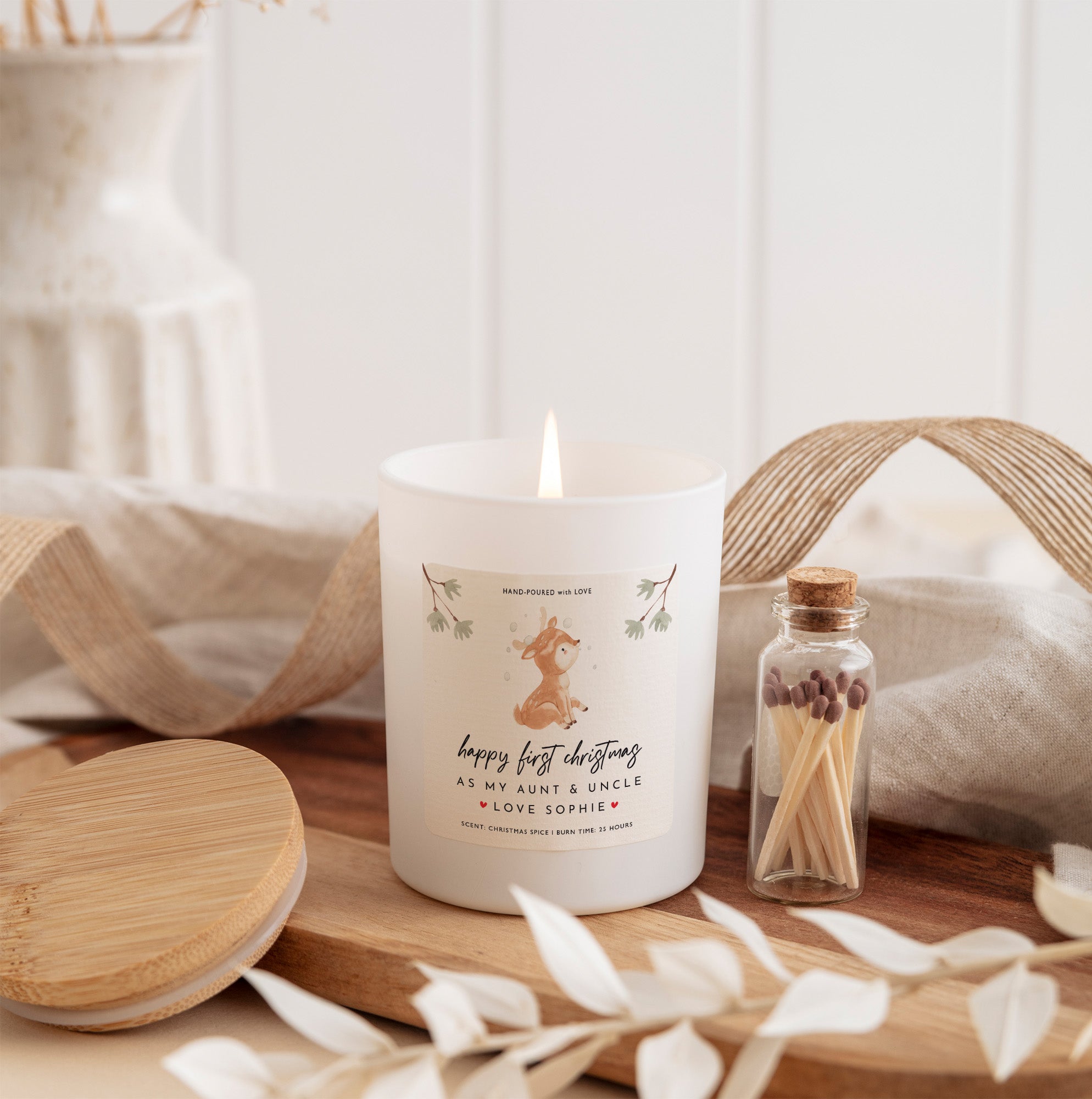 Happy First Christmas Candle for Aunt and Uncle | Personalized Holiday Candle Gift with Gift Box and Matches