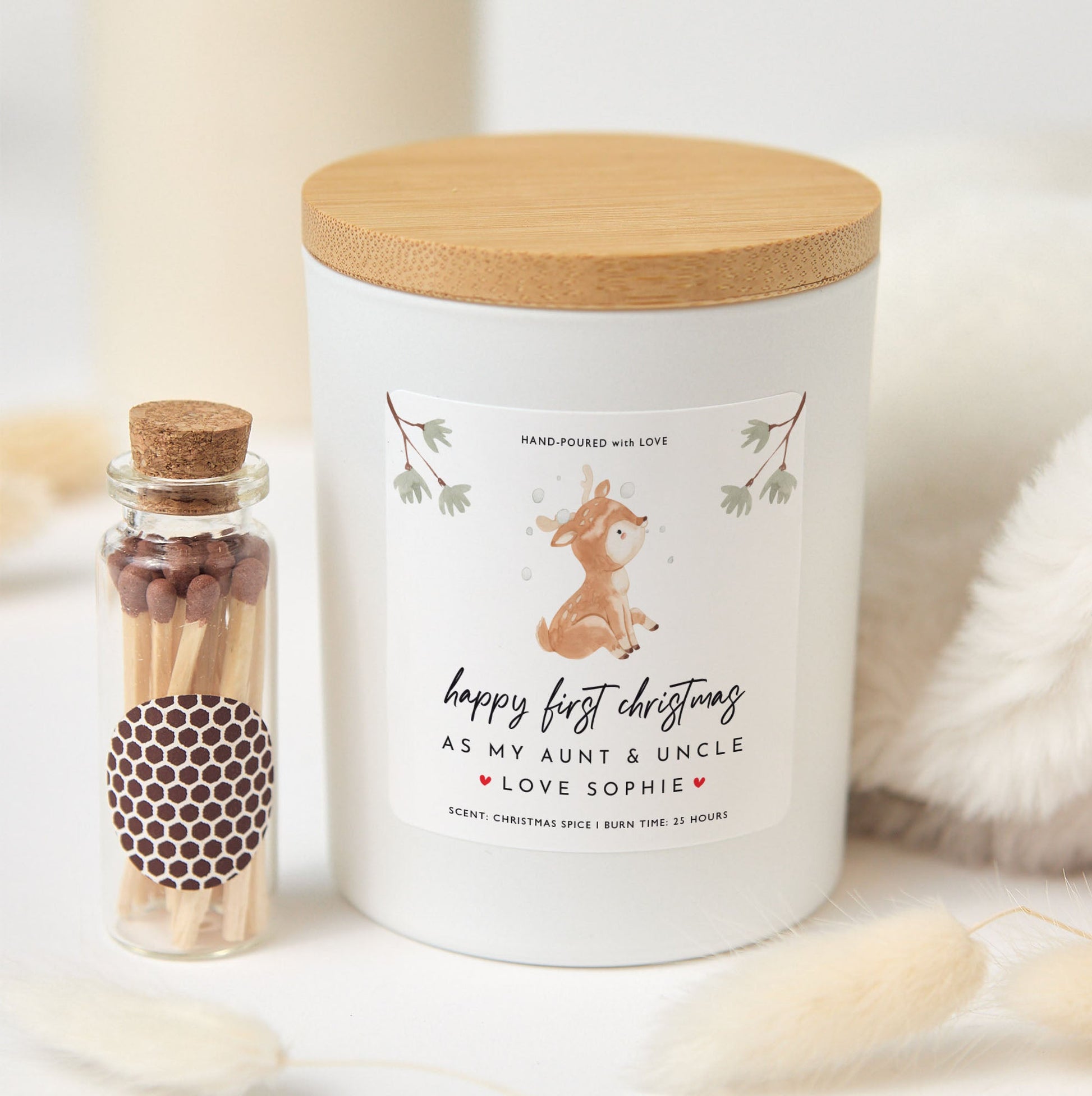 Happy First Christmas Candle for Aunt and Uncle | Personalized Holiday Candle Gift with Gift Box and Matches